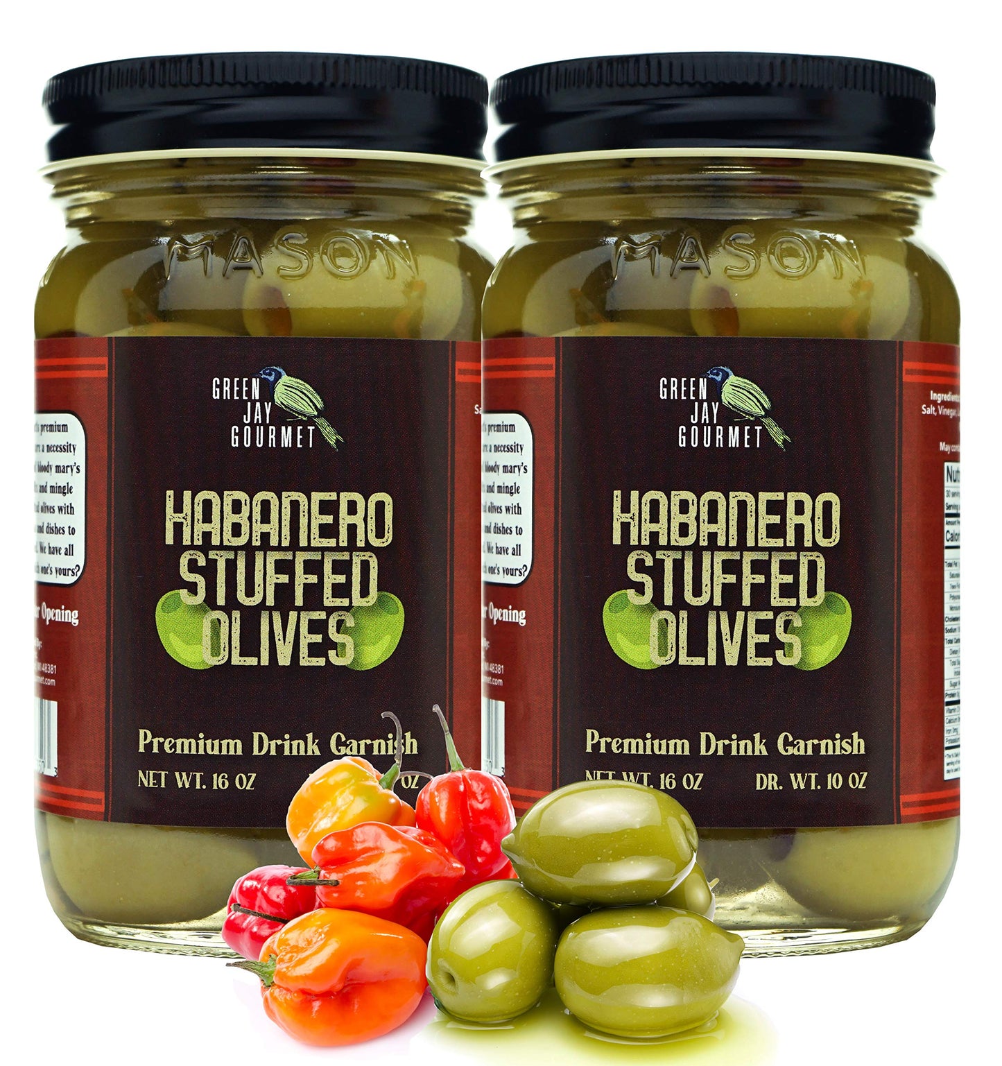 Green Jay Gourmet Habanero Stuffed Olives - 2 x 16 Oz - All Natural - Ideal for Cocktails & Cheese Boards