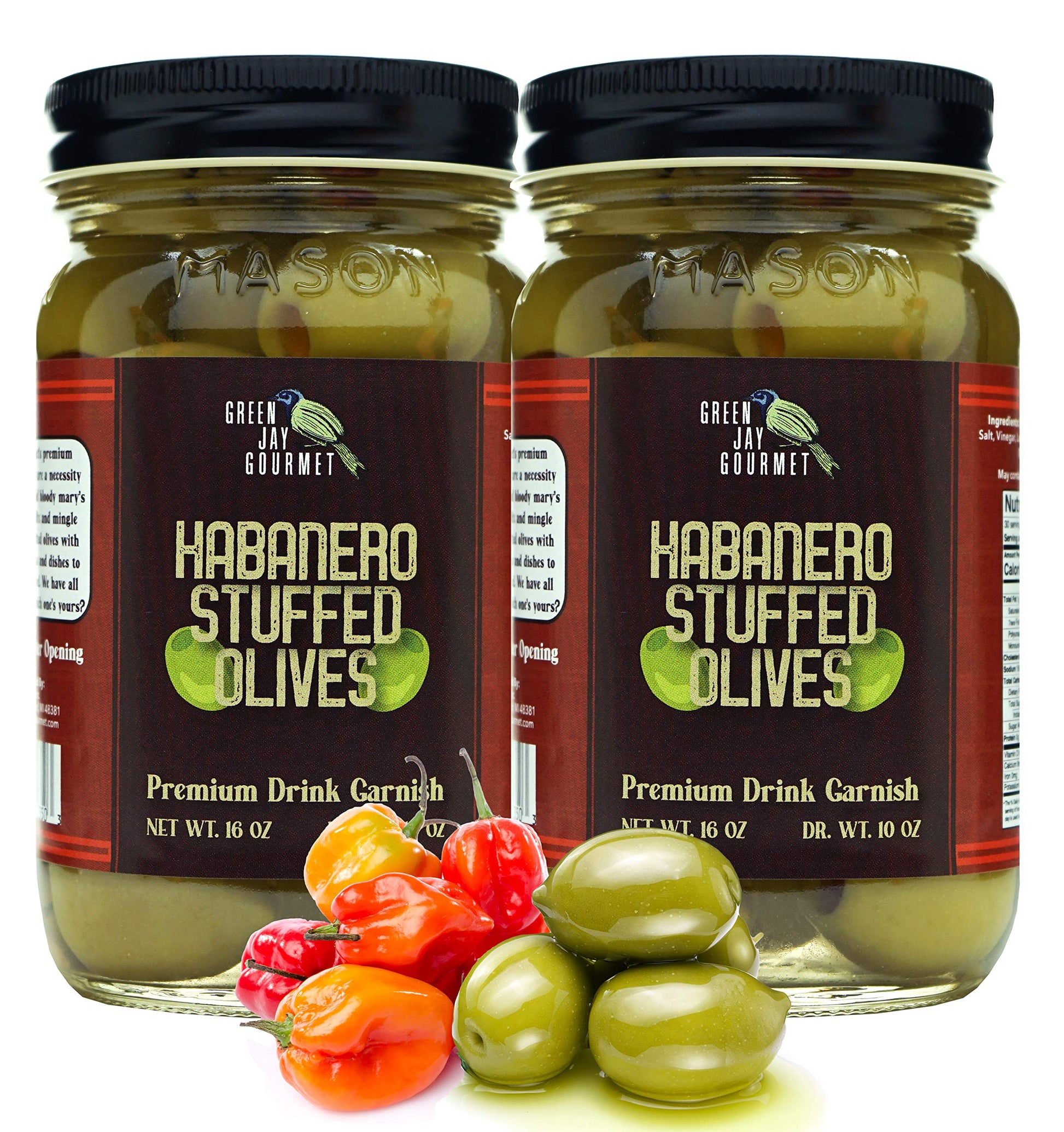 Green Jay Gourmet Habanero Stuffed Olives - 2 x 16 Oz - All Natural - Ideal for Cocktails & Cheese Boards