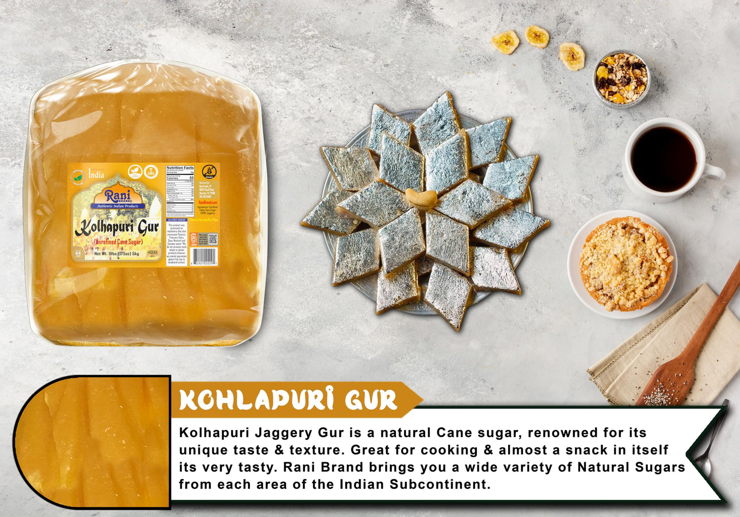 Rani Kolhapuri Gur (Jaggery) 5kg (11lbs) ~ Unrefined Cane Sugar, No Color added, Gluten Friendly | Vegan | NON-GMO | No Salt or