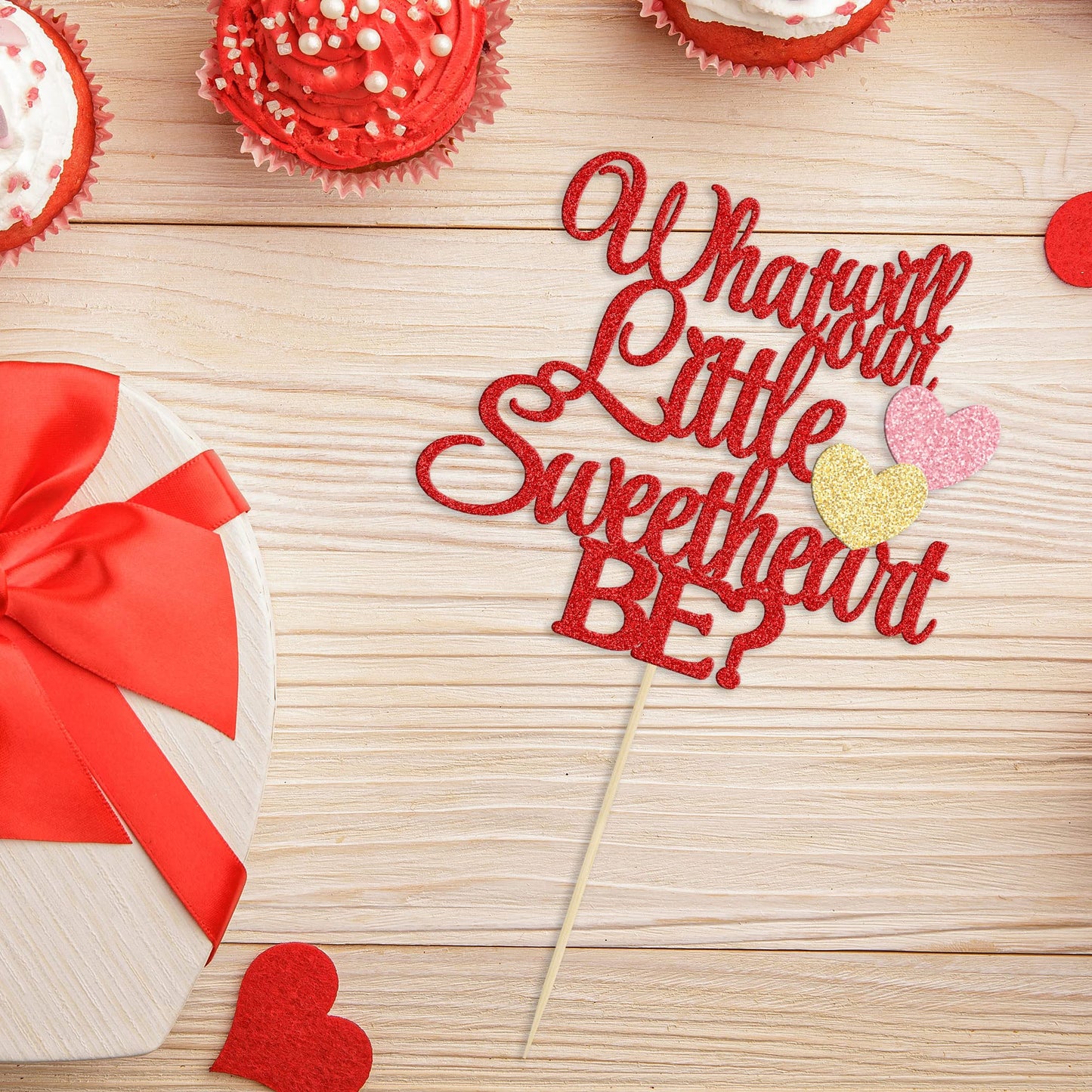 Gyufise 1Pc What Will Our Little Sweet Heart Be Cake Topper Cake Topper Red Pink Glitter Valentine'S Day Baby Shower Cake Decora
