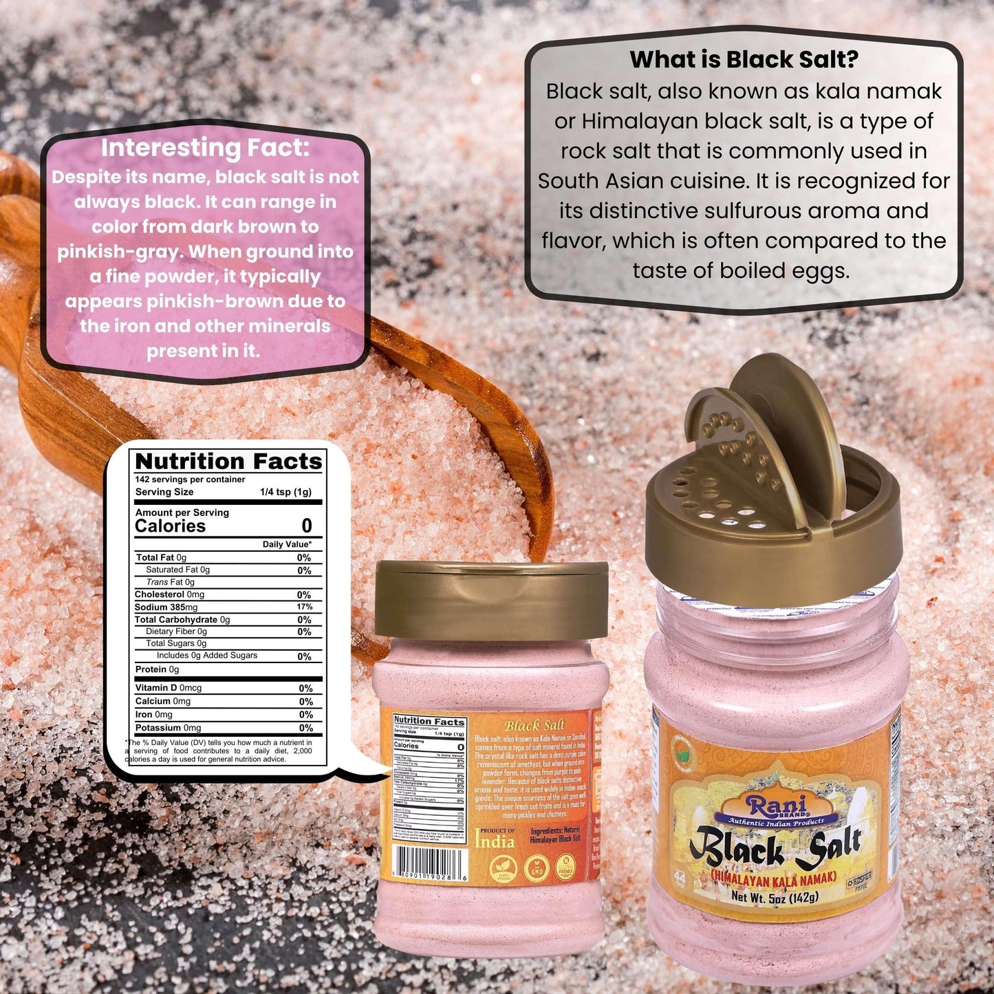 Rani Black Salt Powder (Kala Namak) Mineral 5oz (142g) PET Jar ~ Unrefined, Pure and Natural | Vegan | Gluten Friendly | NON-GMO