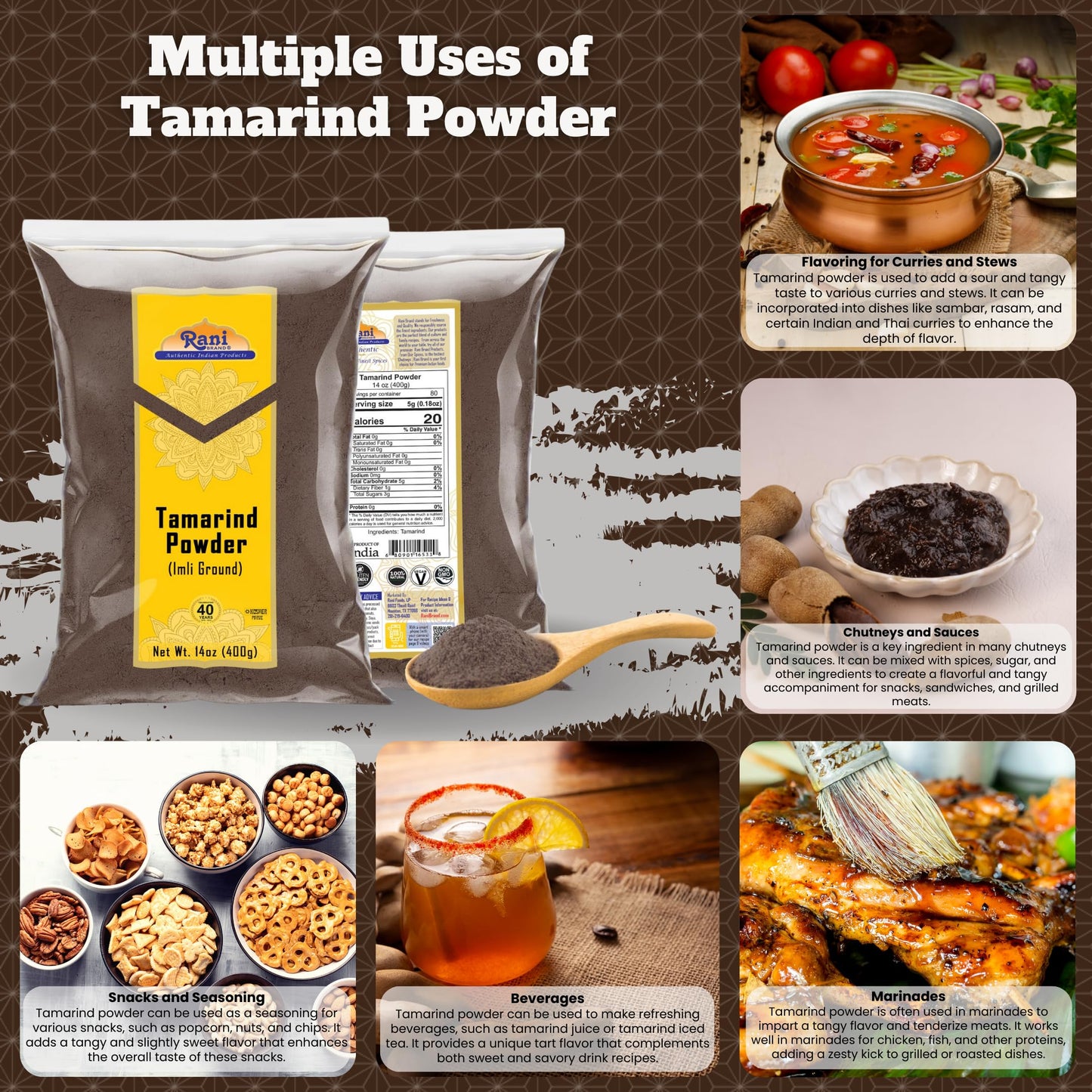 Rani Tamarind Powder (Imli) 14oz (400g) ~ All Natural| No Added Sugar/Salt | Vegan | Gluten Friendly | Kosher | NON-GMO | Kosher