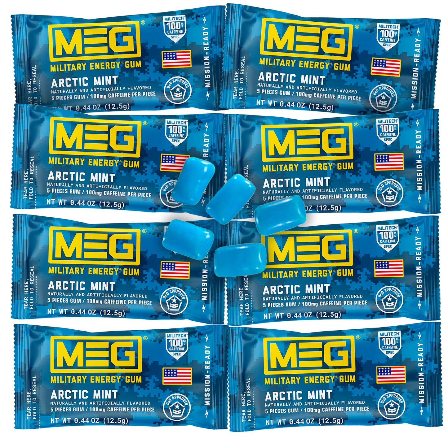 MEG Military Energy Gum - Arctic Mint, 100mg Caffeine per Piece, 8 Pack (40 Count)