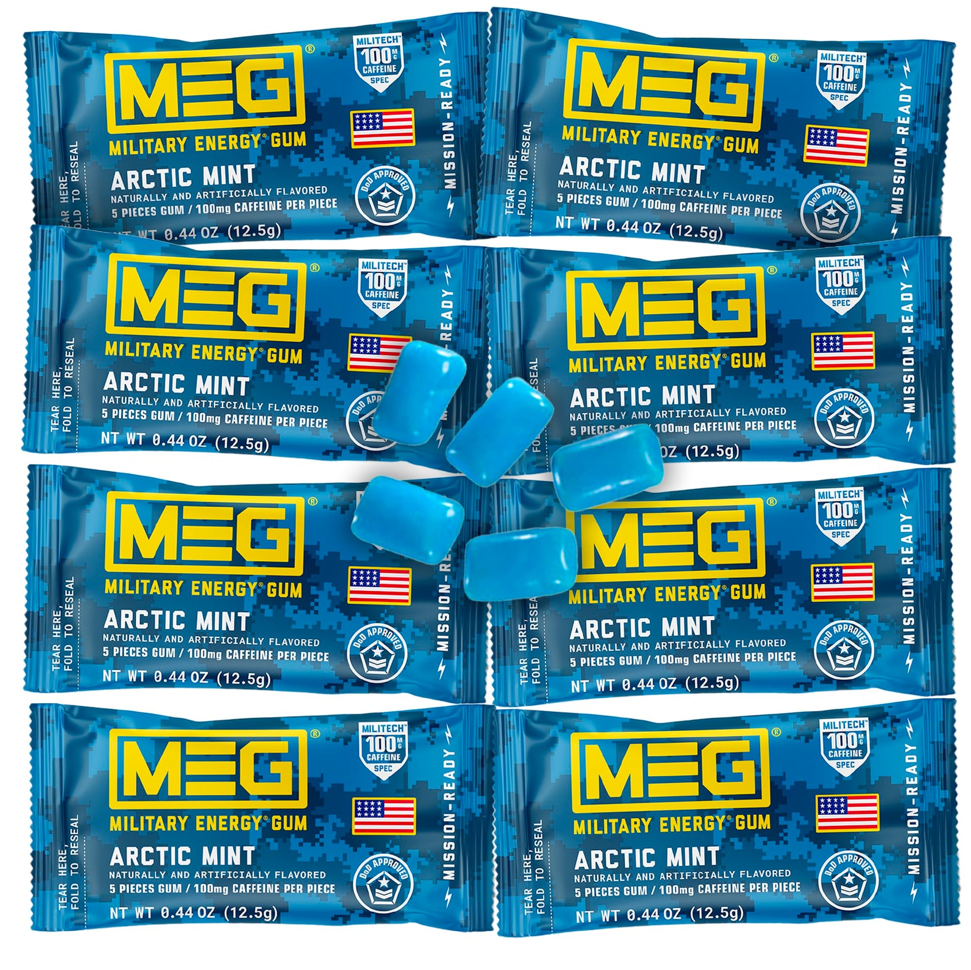 MEG Military Energy Gum - Arctic Mint, 100mg Caffeine per Piece, 8 Pack (40 Count)