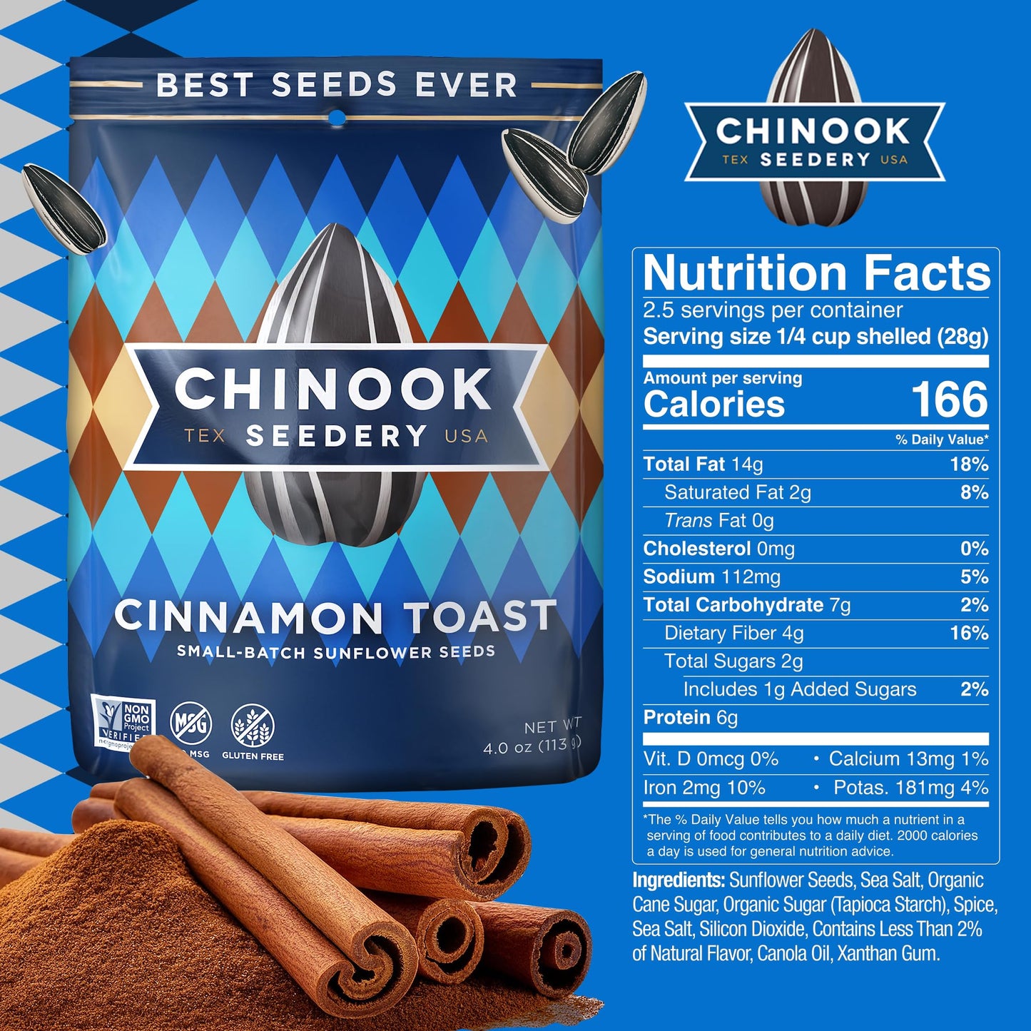 Chinook Seedery Roasted Jumbo Sunflower Seeds - Keto Snacks - Gluten Free, Non GMO - 4 oz (Pack of 3) - Cinnamon Toast Flavor
