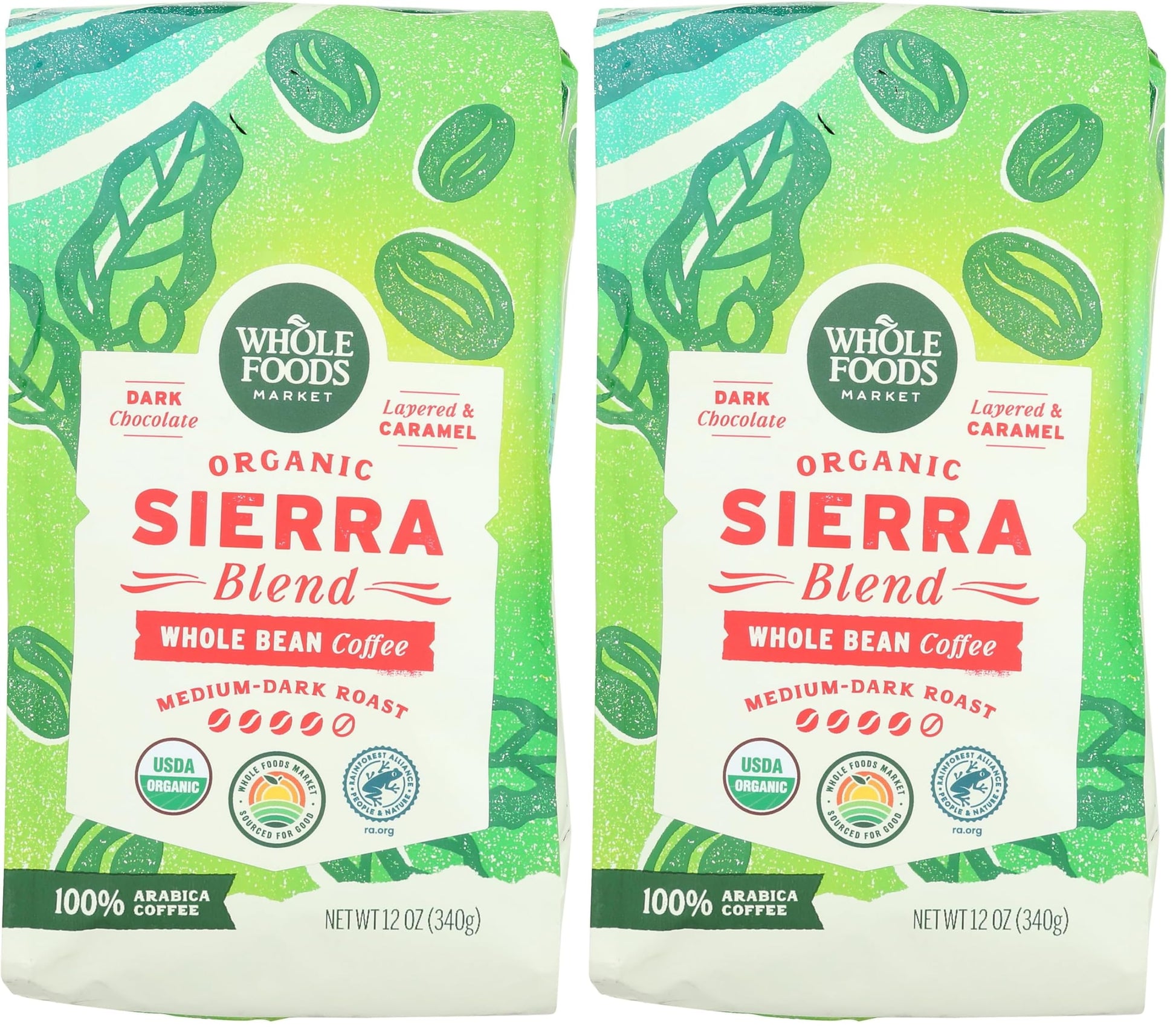 WHOLE FOODS MARKET Organic Whole Bean Sierra Blend Coffee, 12 OZ (Pack of 2)