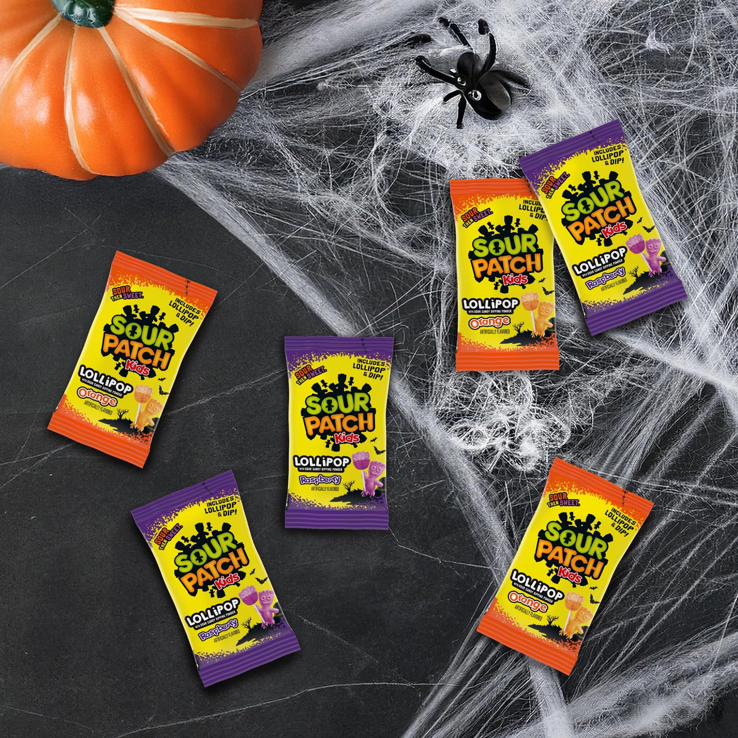 SOUR PATCH KIDS Orange & Purple Halloween Candy Lollipops with Sour Candy Dipping Powder, 20 Lollipops