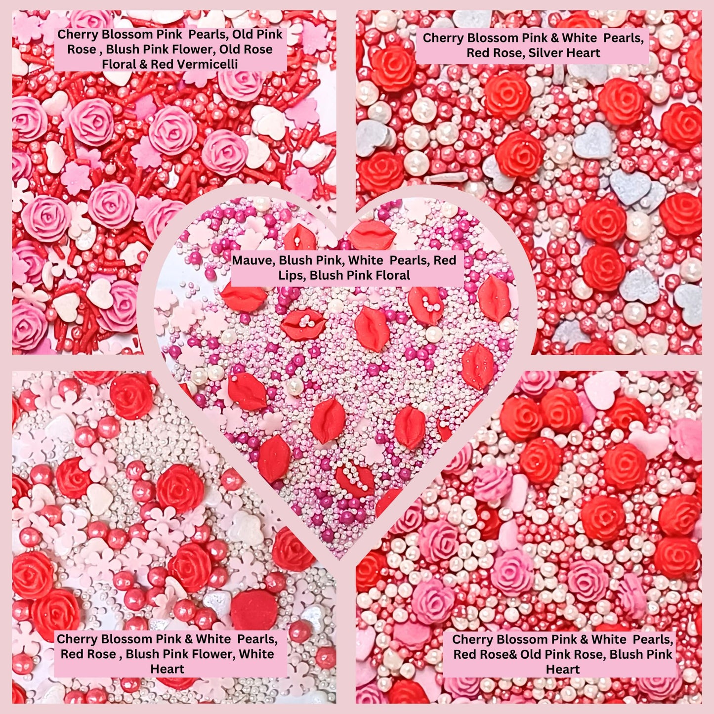 Confect Pink Mini Roses & Lips I Silver Hearts & Vermcelli And White Pearls | Sprinkles For Baking & Cake Decorative | Baby Show