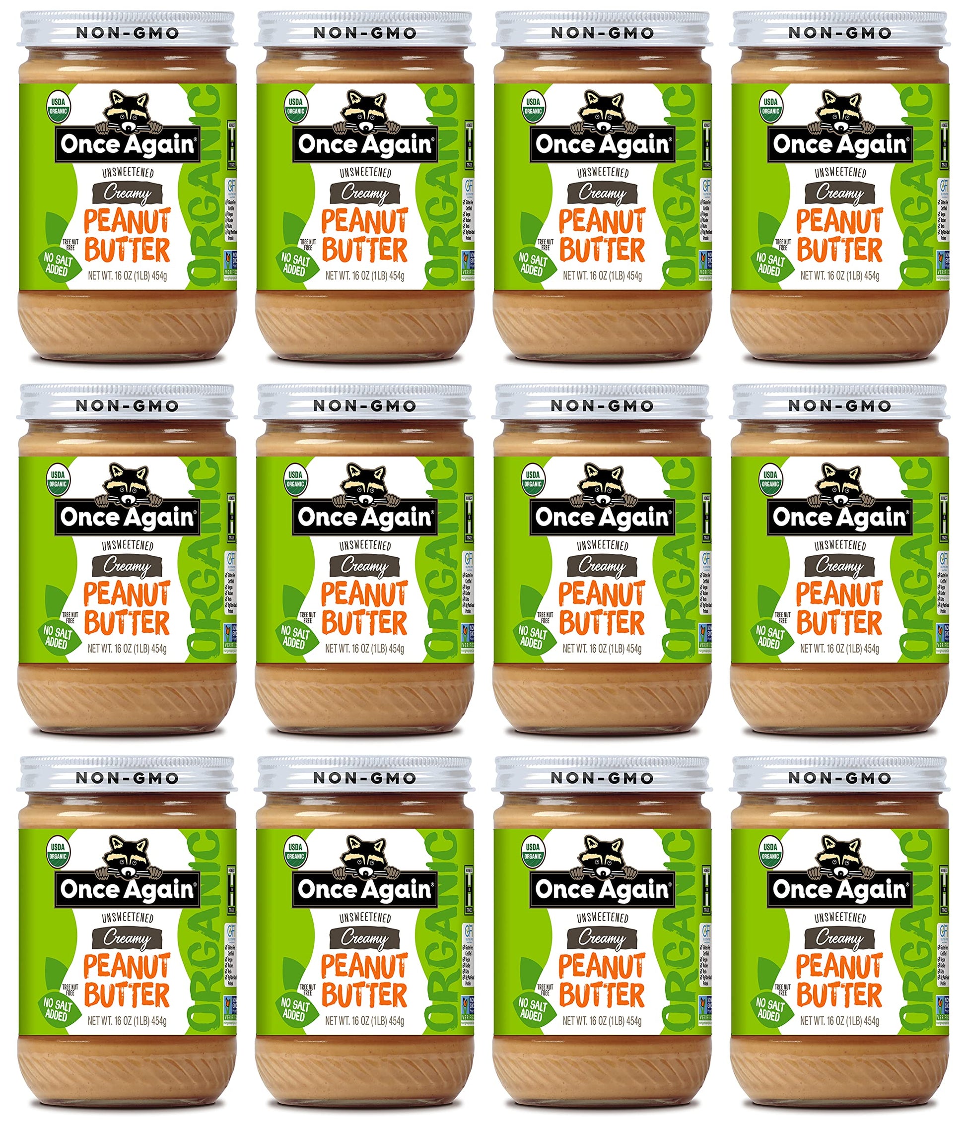 Once Again Organic Creamy Peanut Butter, 16oz - Salt Free, Unsweetened - USDA Organic, Gluten Free Certified, Vegan, Kosher - Gl
