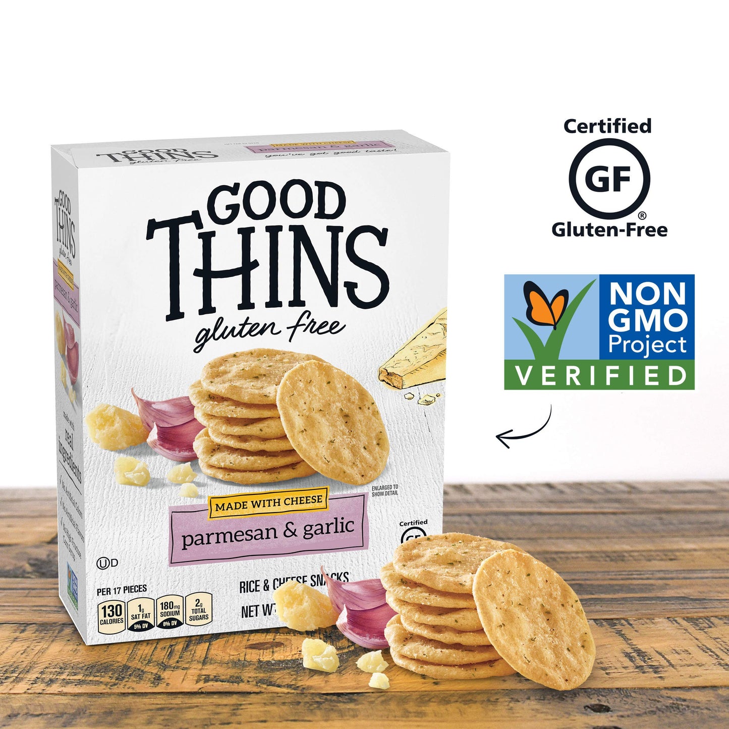 GOOD THINS Parmesan & Garlic Rice & Cheese Snacks Gluten Free Crackers, Bulk Snack Crackers, 6 - 3.5 oz Boxes
