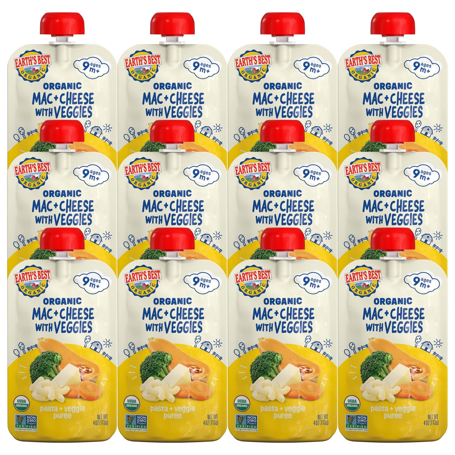 Earth'S Best Pasta + Veggie Puree Organic Mac + Cheese With Veggies 4Oz Pouch (Pack Of 12)