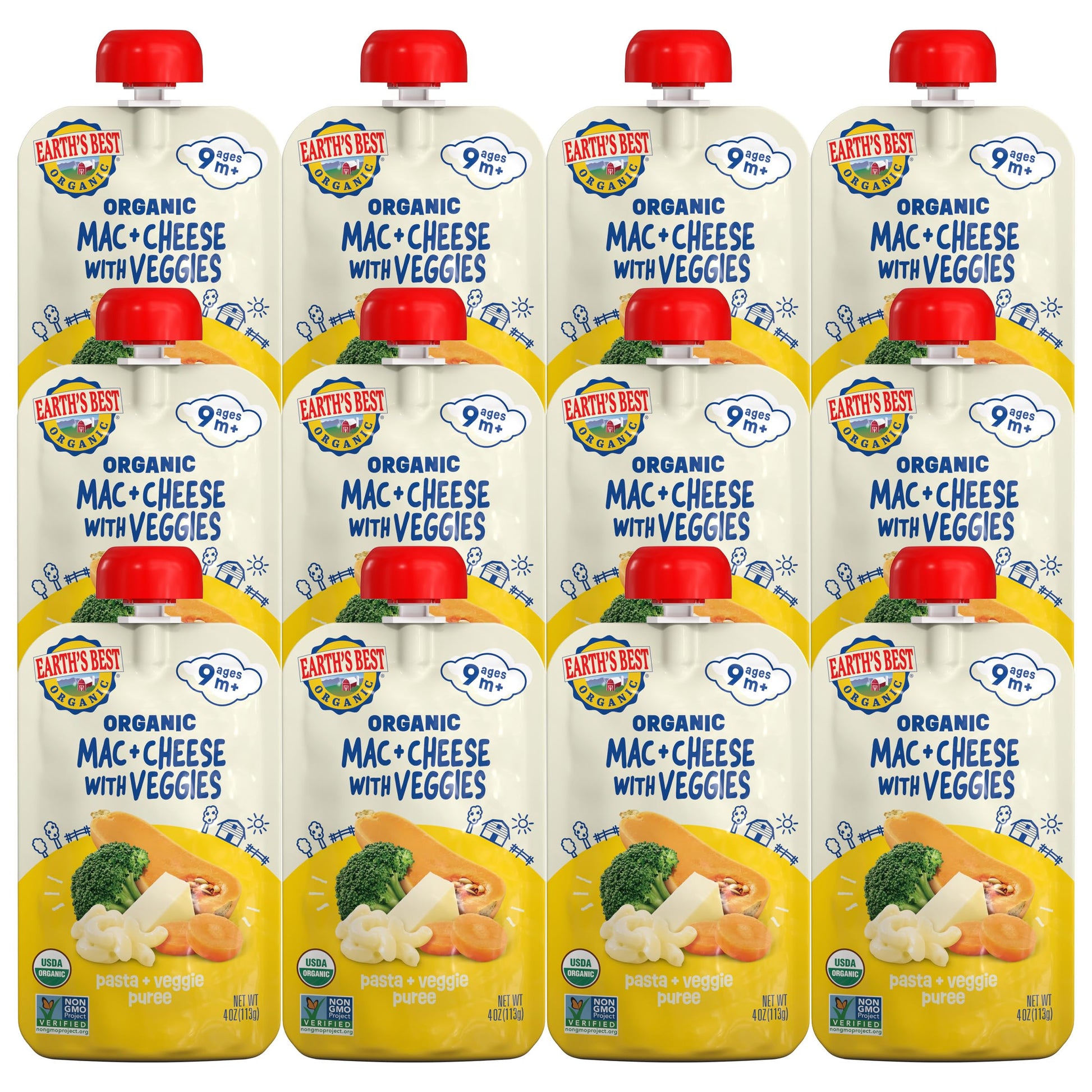 Earth'S Best Pasta + Veggie Puree Organic Mac + Cheese With Veggies 4Oz Pouch (Pack Of 12)