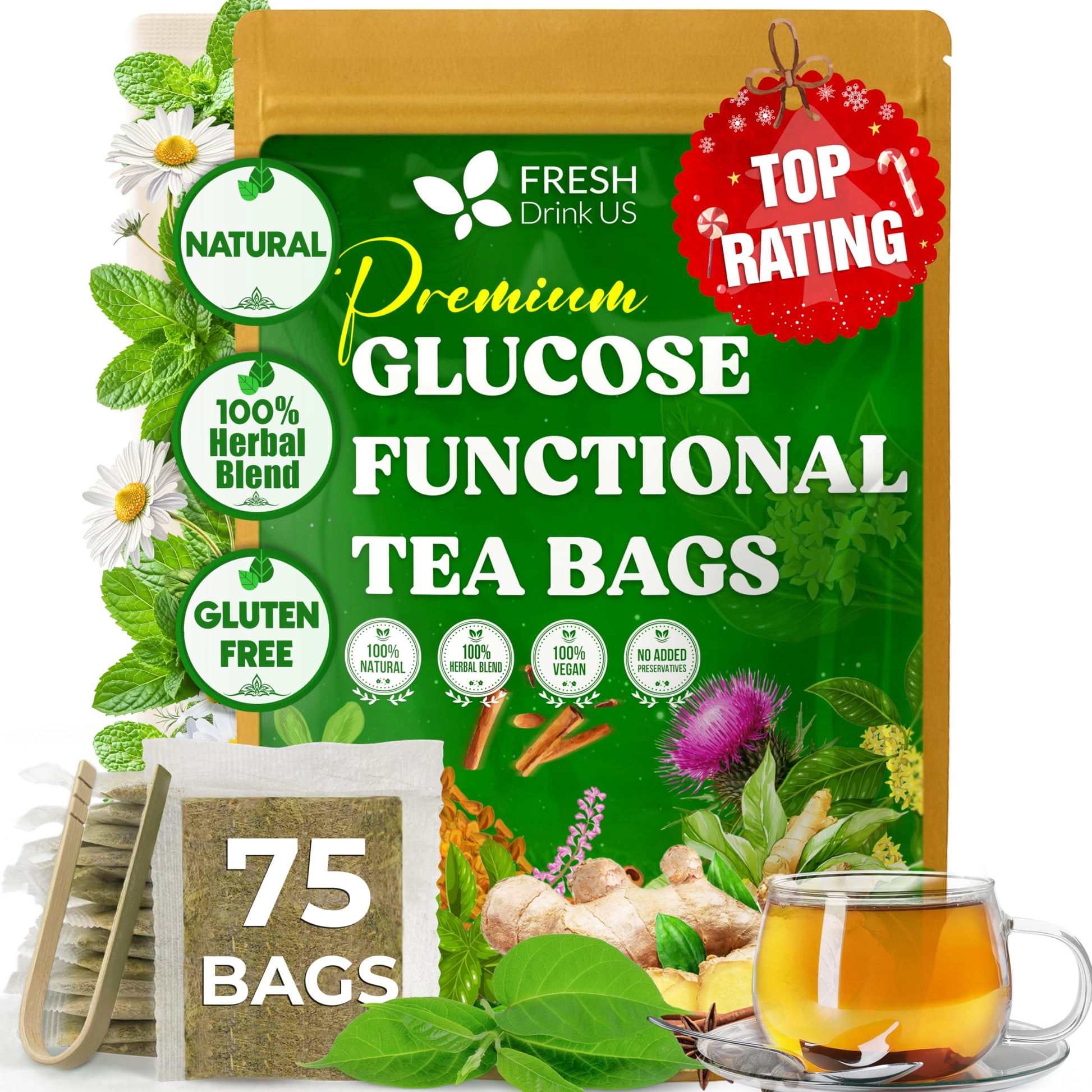 Freshdrinkus  Top-Grade 75 Tea Bags Glucose Functional Tea - Herbal Blend With Gymnema  Cinnamon  Bitter Melon  Tulsi & More -- Energy Blend-Free. Sugar-Free. Gluten-Free. Vegan