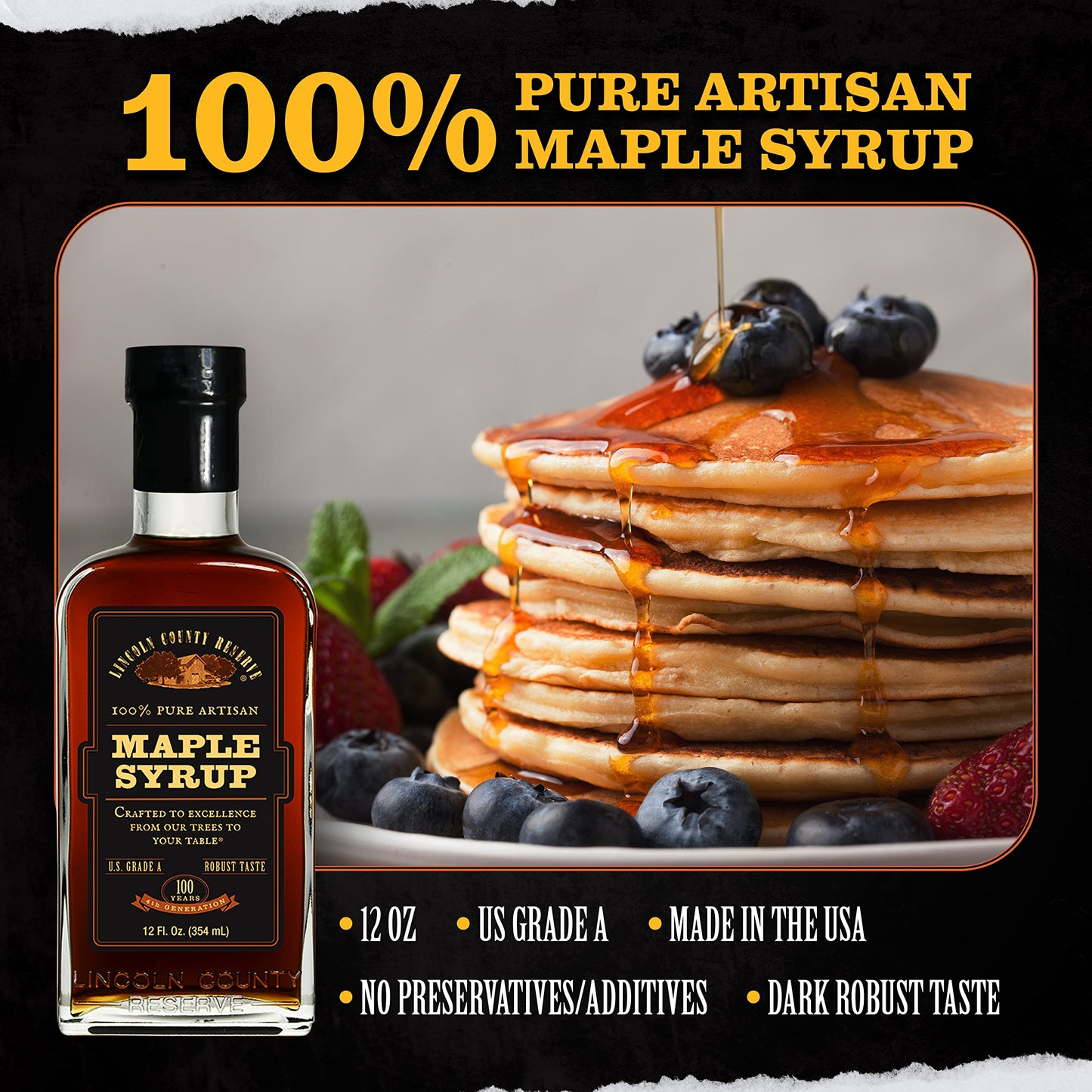 Lincoln County Reserve 100% Pure Maple Syrup, Robust Taste, 12 oz Glass Bottle, 2 Pack