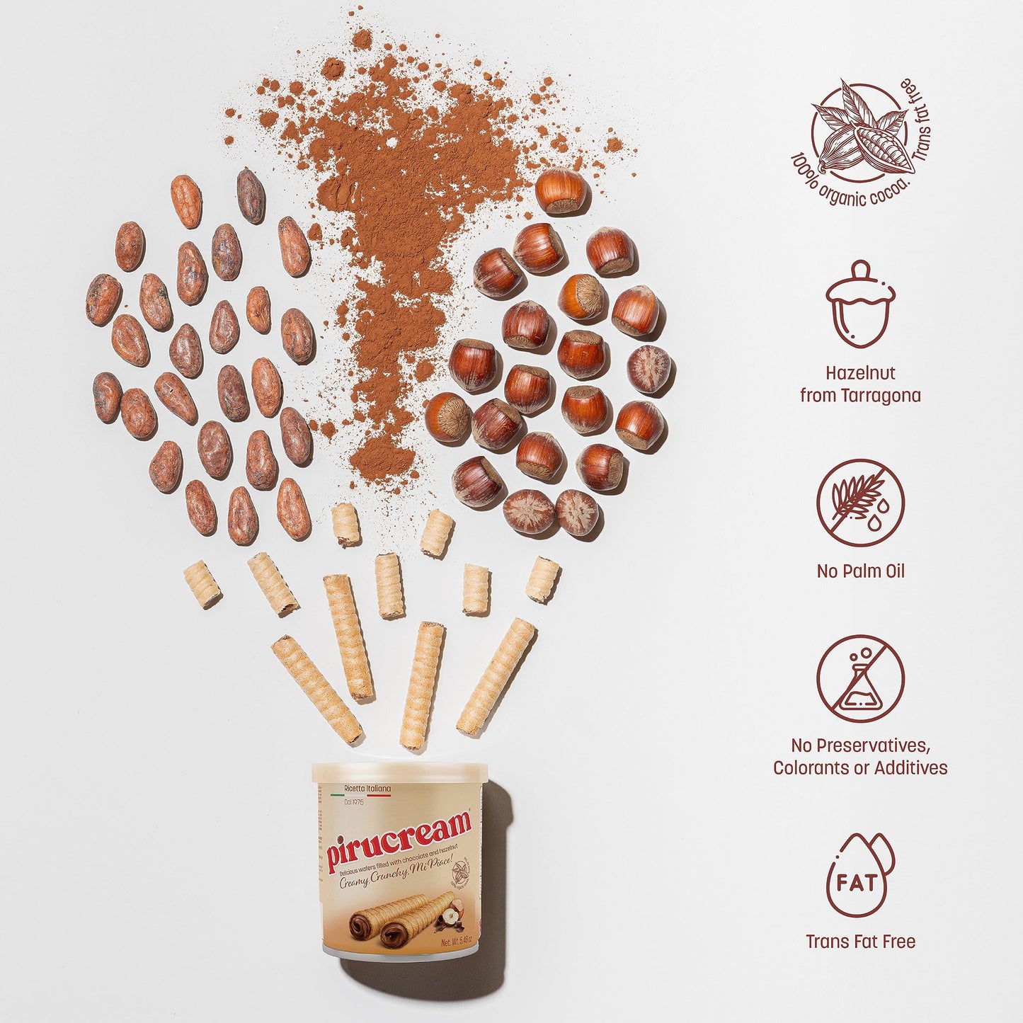 Pirucream Rolled Wafers with Chocolate Hazelnut, Organic Alkaline 100% Cocoa - No Trans-Fat, Preservatives, Colorants or Additiv