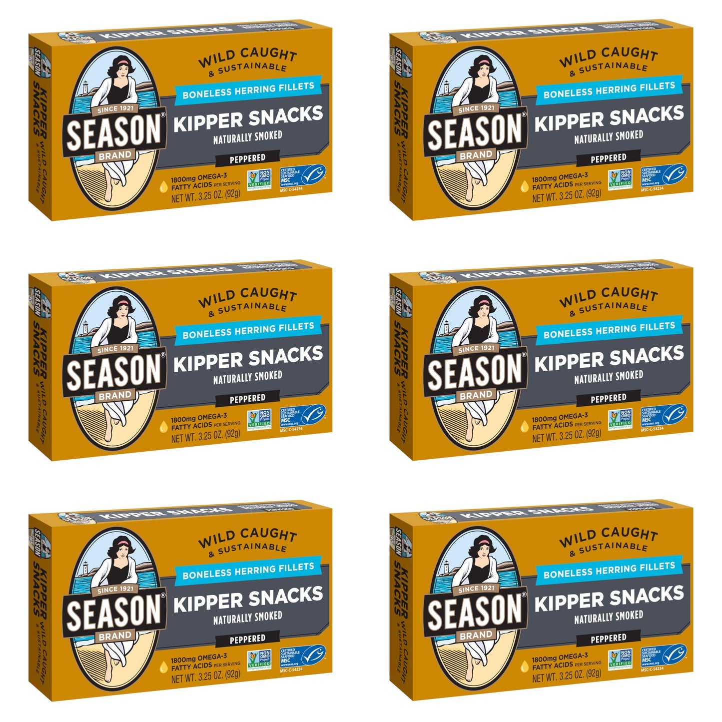 Season Peppered Kipper Snacks - Boneless Herring Fillets, Naturally Smoked, Wild Caught, Keto Snacks, Non-Gmo, Certified Sustainable Seafood, 18G Of Protein, 1800Mg Of Omega-3-3.25 Oz, 6-Pack
