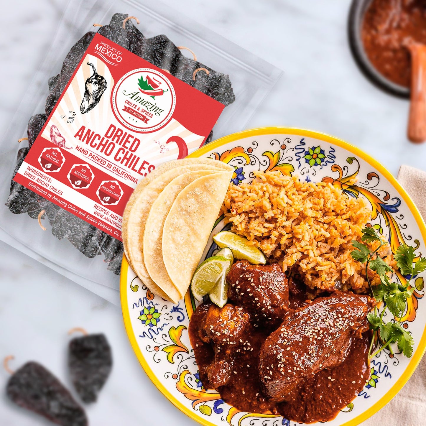 Amazing Chiles & Spices Dried Ancho Chiles Peppers, Mild to Medium Heat, Sweet & Smoky Flavor, 4 oz Resealable Bag