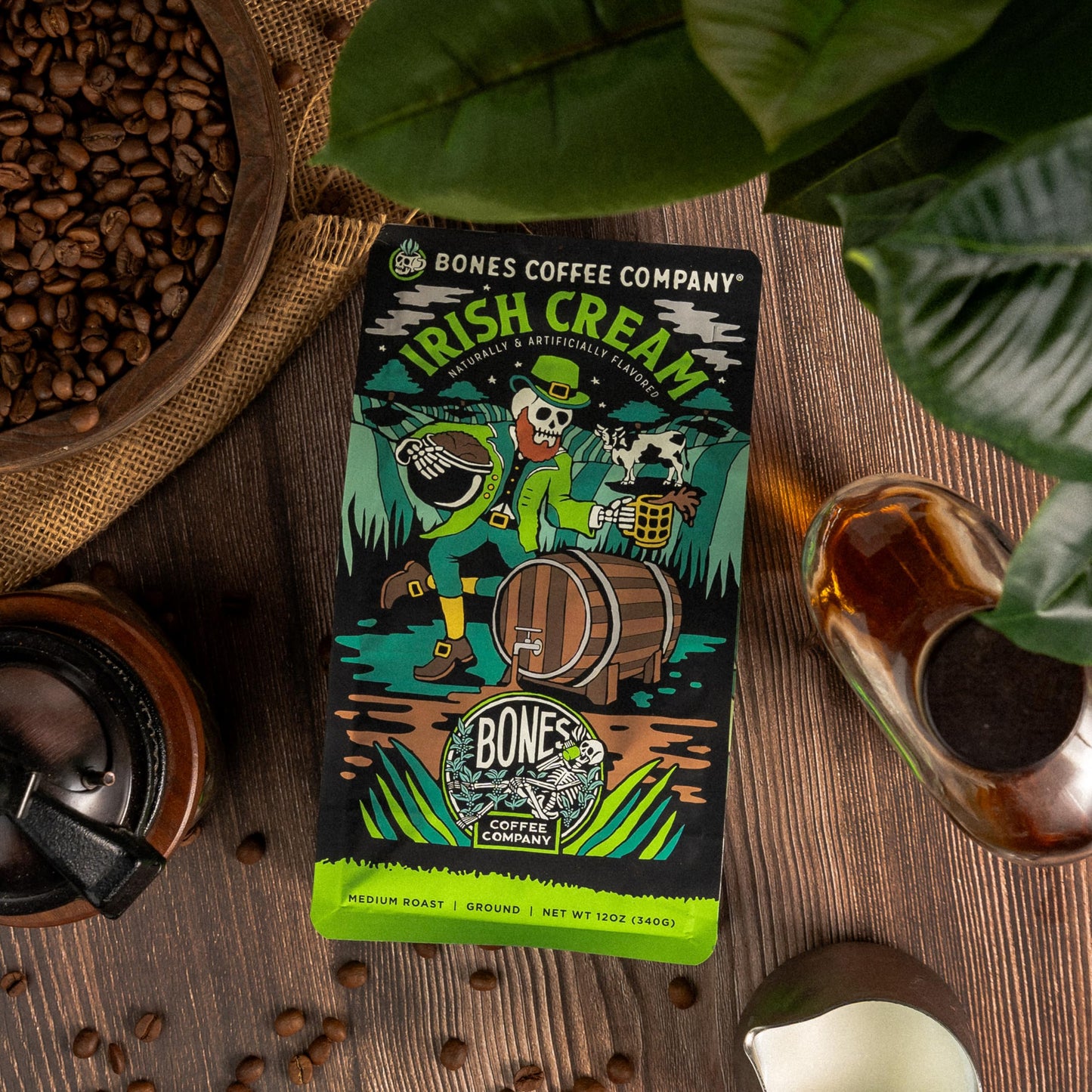 Bones Coffee Company Irish Cream Ground Coffee Beans, Nutty Flavor, Low Acid Flavored Coffee, Made With Arabica Coffee Beans, Me