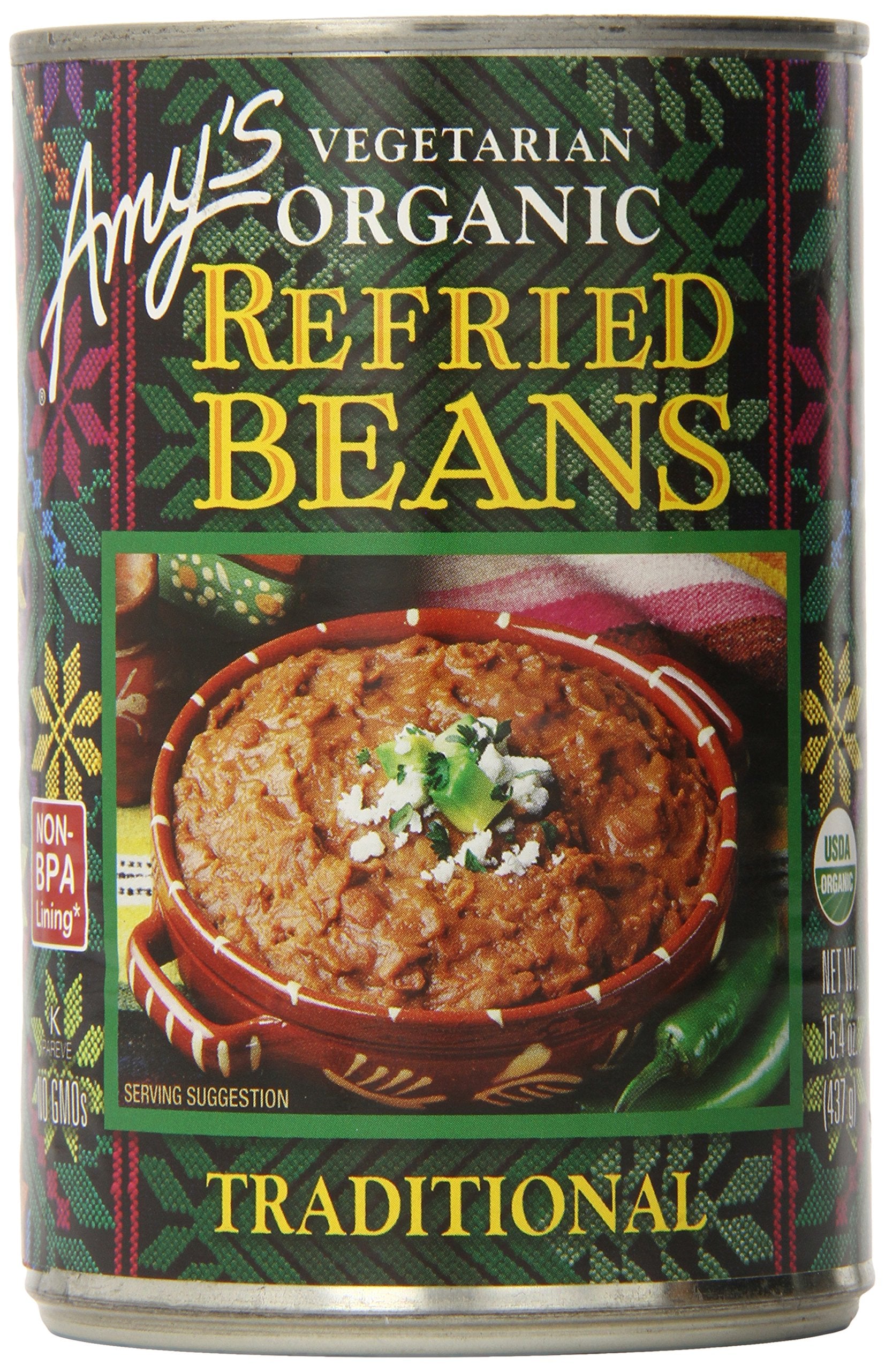 Amy's Organic Refried Beans Canned, Traditional Refried Beans, Vegan, Gluten Free and Vegetarian, 15.4 Oz (6 Pack)