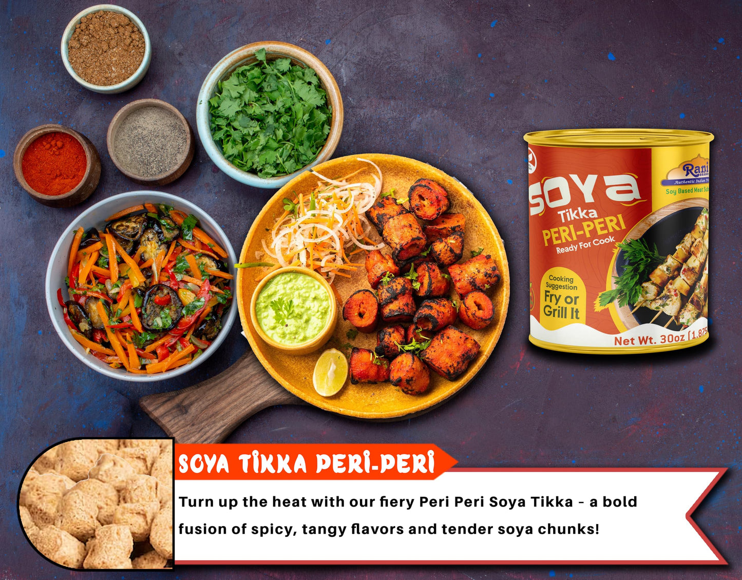 Rani Soya Tikka Peri-Peri 30Oz (1.875Lbs) 850G, Pack Of 6, Ready For Cook ~ Easy Open Lid | All Natural | Vegan | No Colors | No