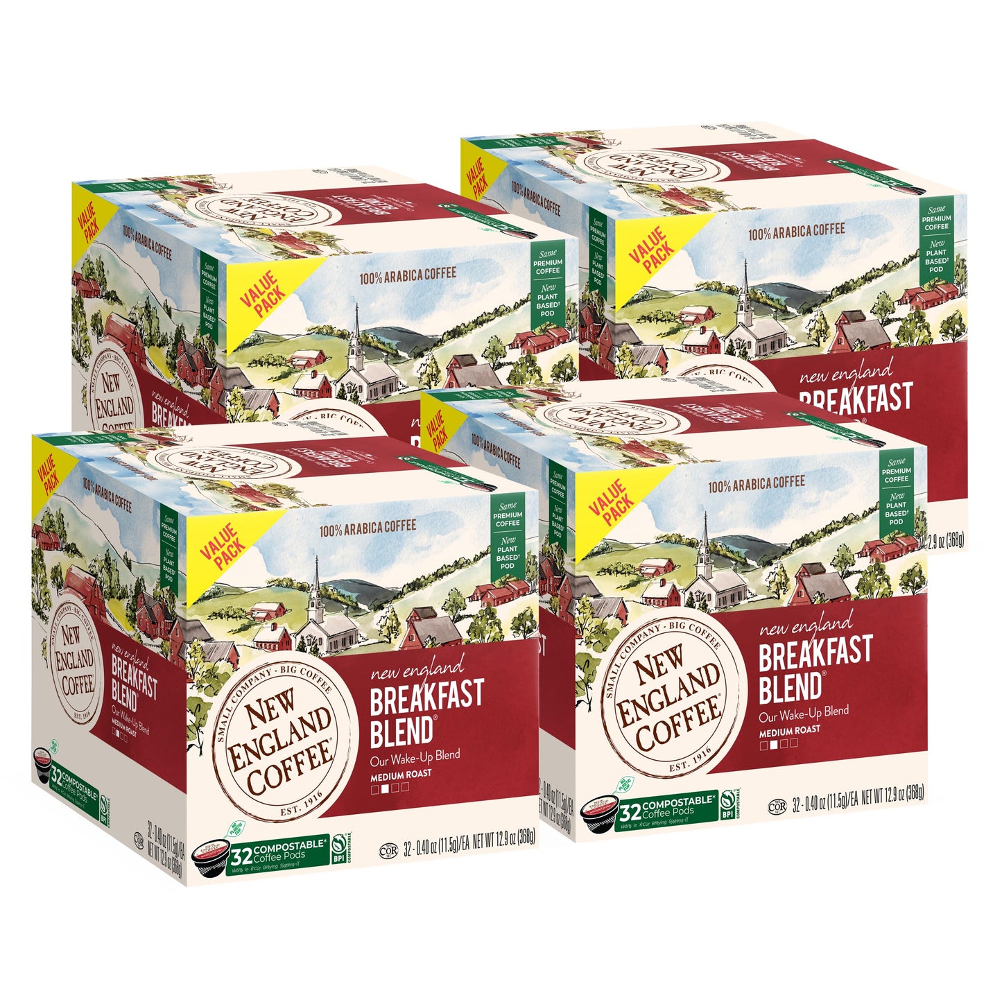 New England Coffee Breakfast Blend Medium Roast Pods, 32 Count (Pack of 4)
