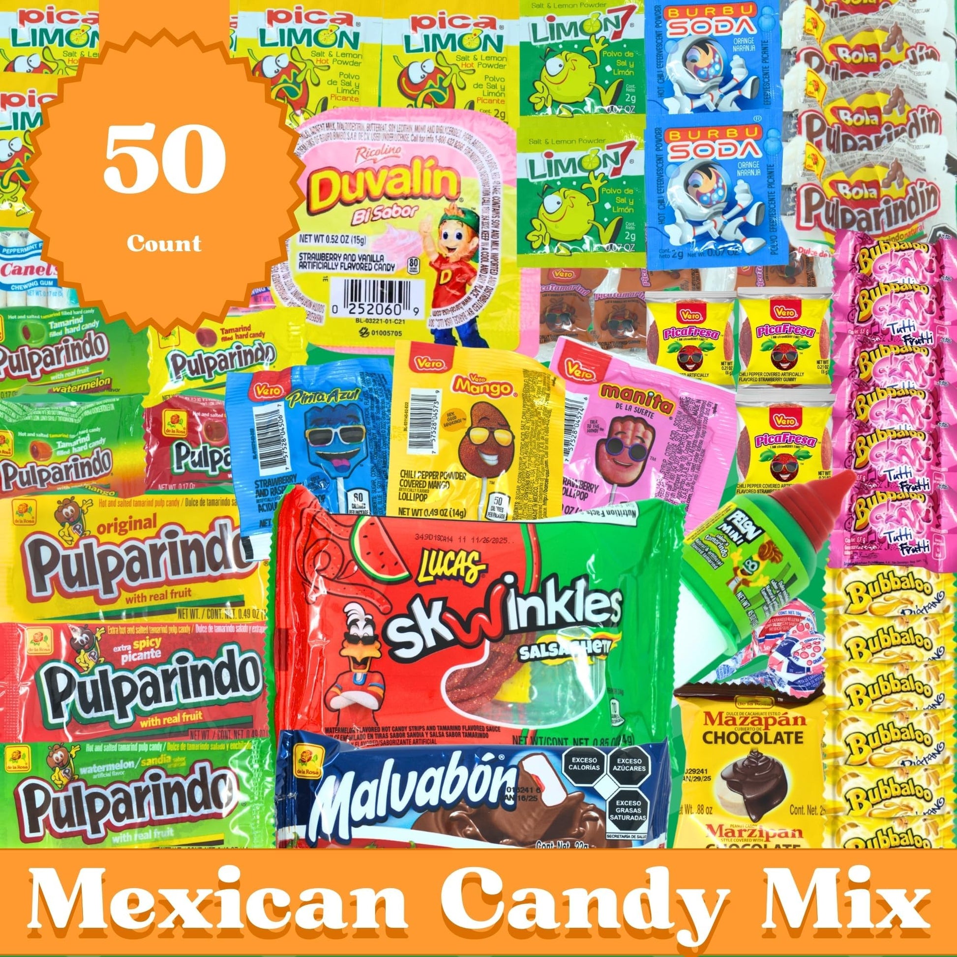 Mexican Candy Variety Pack 50 pieces, Authentic Dulces Mexicanos, Mexican Snacks, Includes Vero, Lucas, Pulparindo. Spicy, Sweet