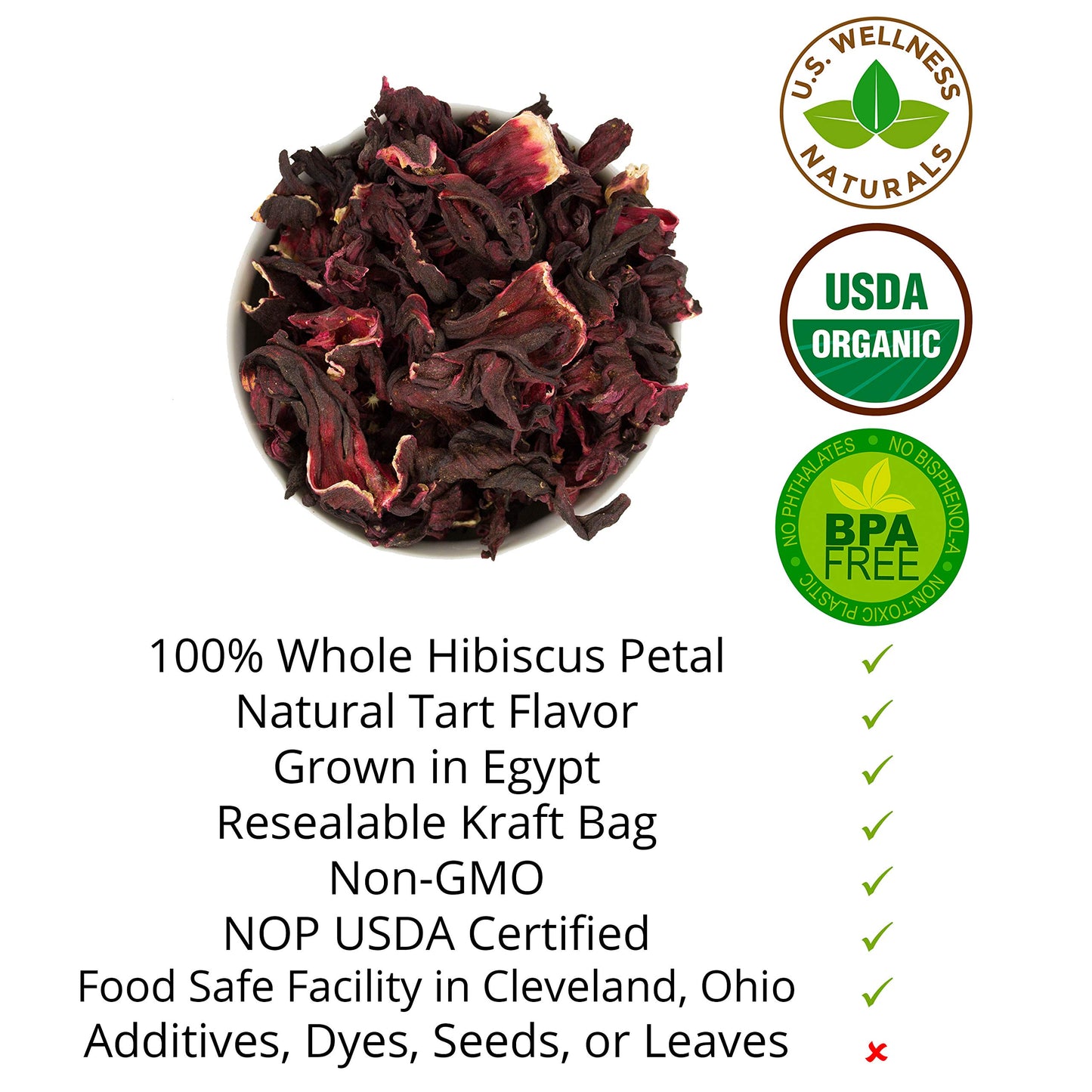 Hibiscus Tea 1LB (16Oz) 100% CERTIFIED Organic Hibiscus Flowers Herbal Tea (WHOLE PETALS)  Caffeine Free in 1 lbs. Bulk Resealable Kraft BPA free Bags from U.S. Wellness