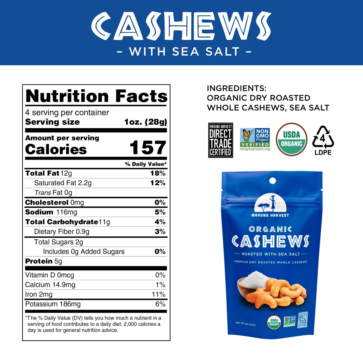 Mavuno Harvest Organic Roasted Cashews With Sea Salt | Dry Roasted Whole Cashew Nuts | Vegan, Non Gmo Healthy Snacks For Kids And Adults | Office Friendly Work Snack | 4 Ounce, Pack Of 3