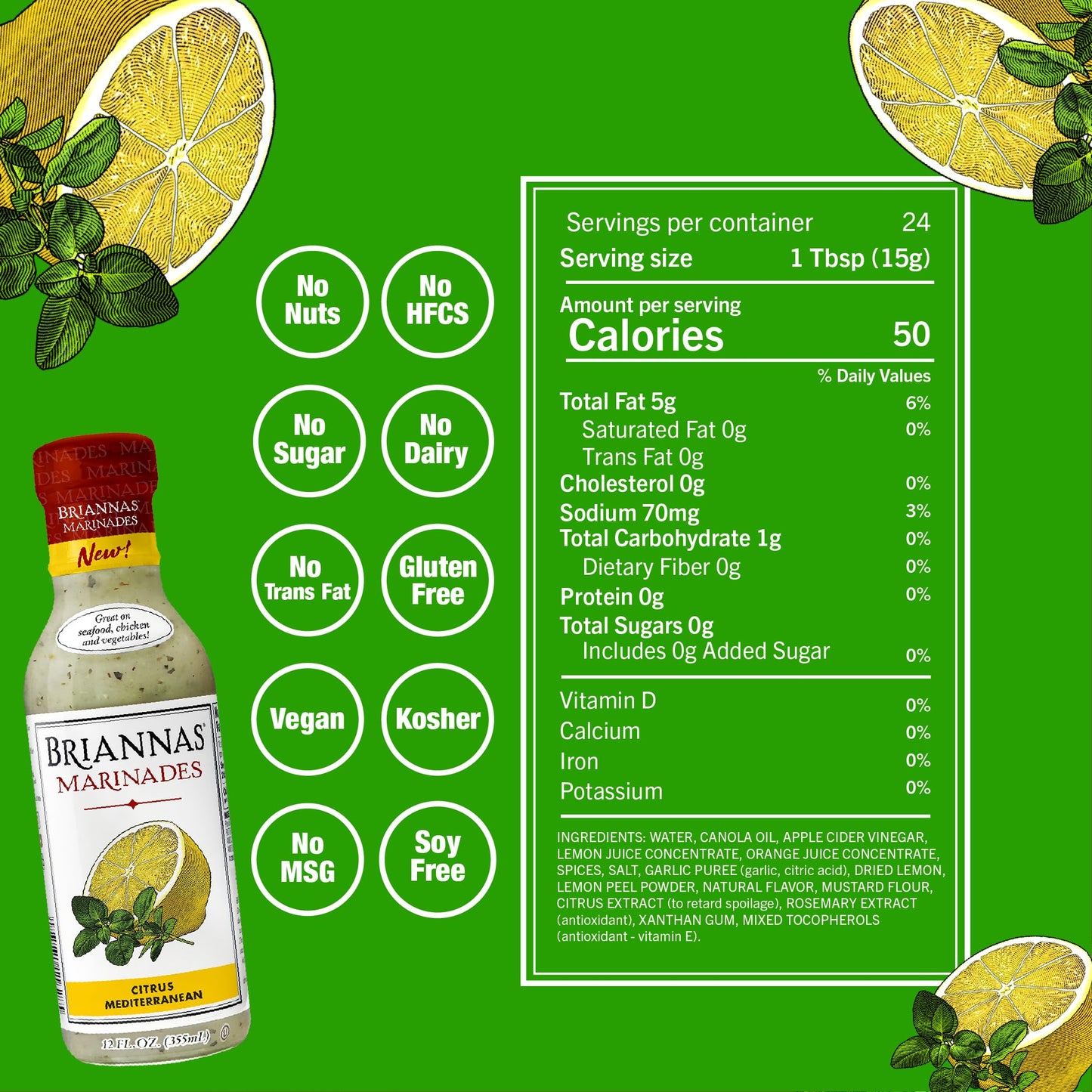 BRIANNAS - Citrus Mediterranean Marinade - Small Batch  Gluten Free  Vegan Marinade made with enhanced Ingredients - 12 oz. Bottles - 6 Pack