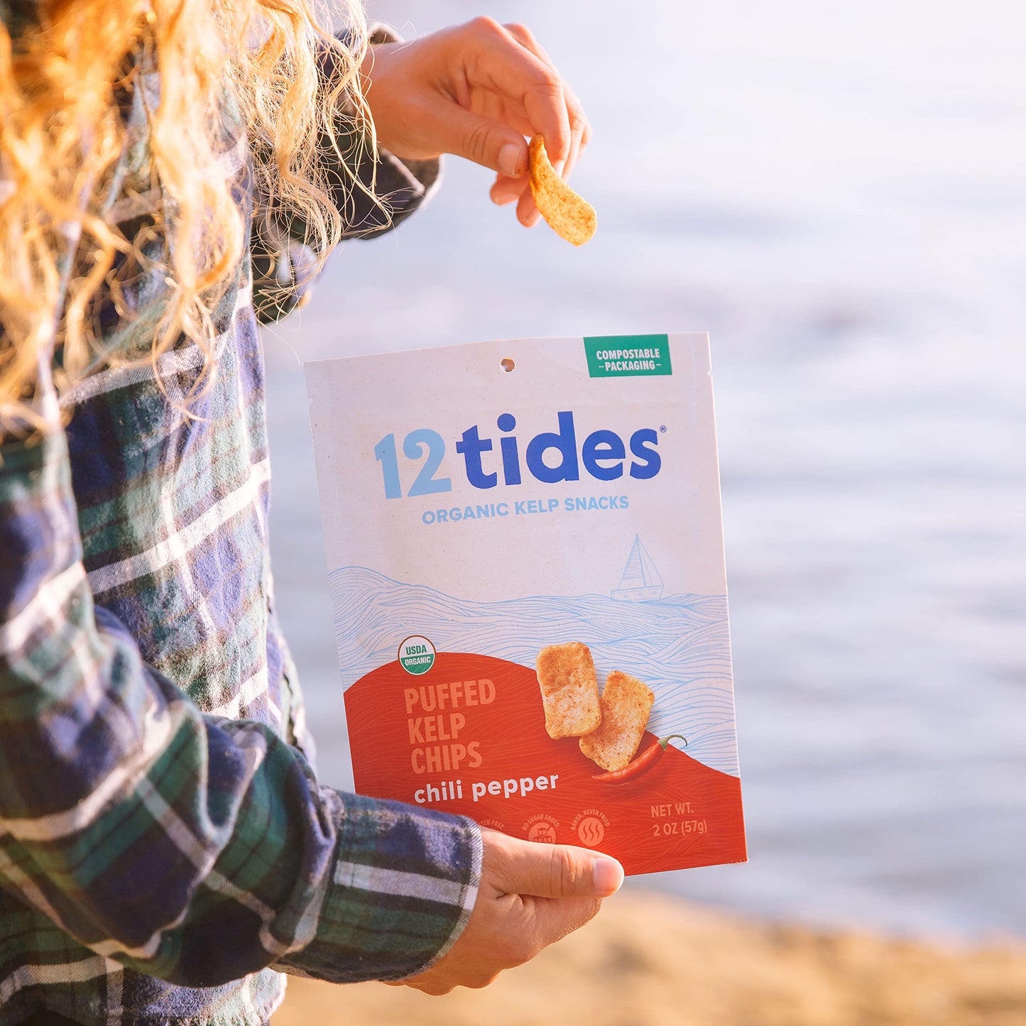 12 Tides Organic Puffed Kelp Chips - Plant Based, Non-Gmo, Gluten Free, No Added Sugar, Ocean-Friendly Snacks (Chili Pepper)