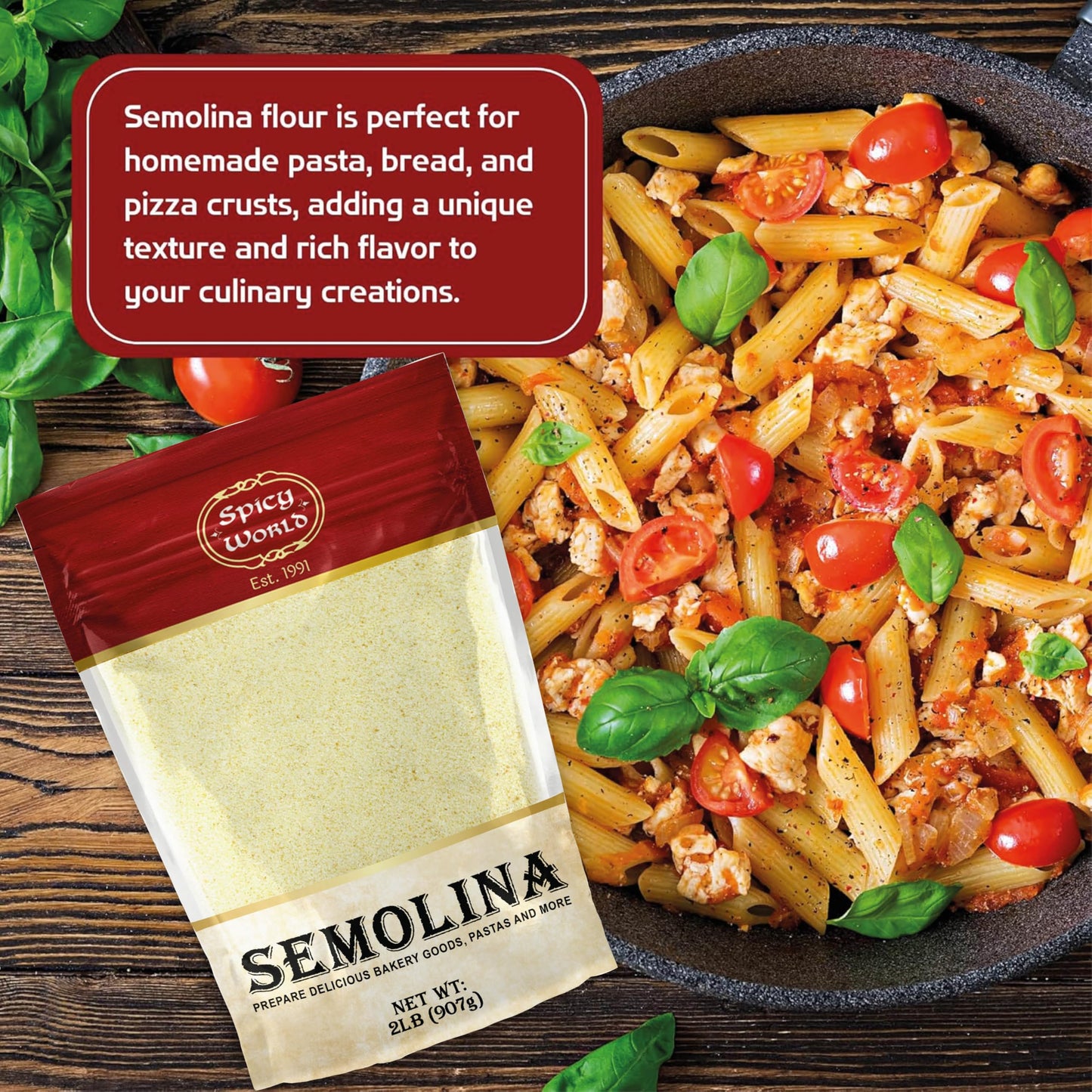Spicy World Semolina Flour, Fine Duspirit-inspired flavor Wheat Flour, 2 LB (Pack of 6), Ideal for Pasta, Bread, Pizza, Model SWSEM04