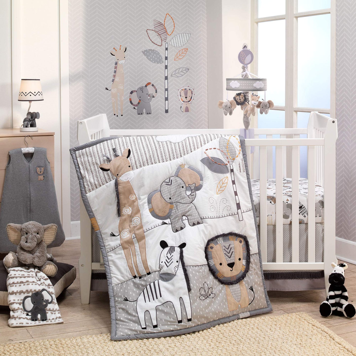 Lambs & Ivy Jungle Safari 100% Cotton White/Gray Elephant/Lion Fitted Crib Sheet