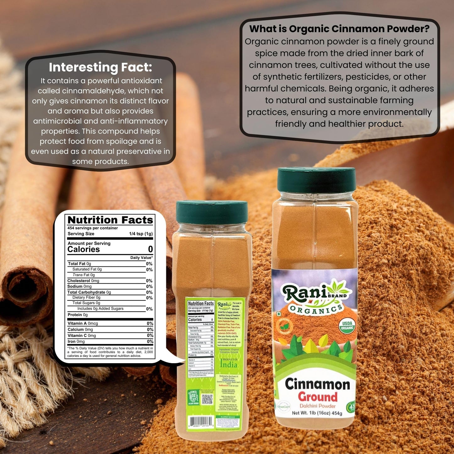 Rani Organic Cinnamon Powder (Ground) Spice 16Oz (1Lb) 454G Pet Jar ~ All Natural | Salt-Free | Vegan | No Colors | Gluten Frien