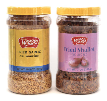 Maesri Fried Shallot & Fried Garlic Combo Pack, Ingredient & Garnish widely used in Asian Cooking, 7 Ounce & 10.5 Once Jar, 2 Pi