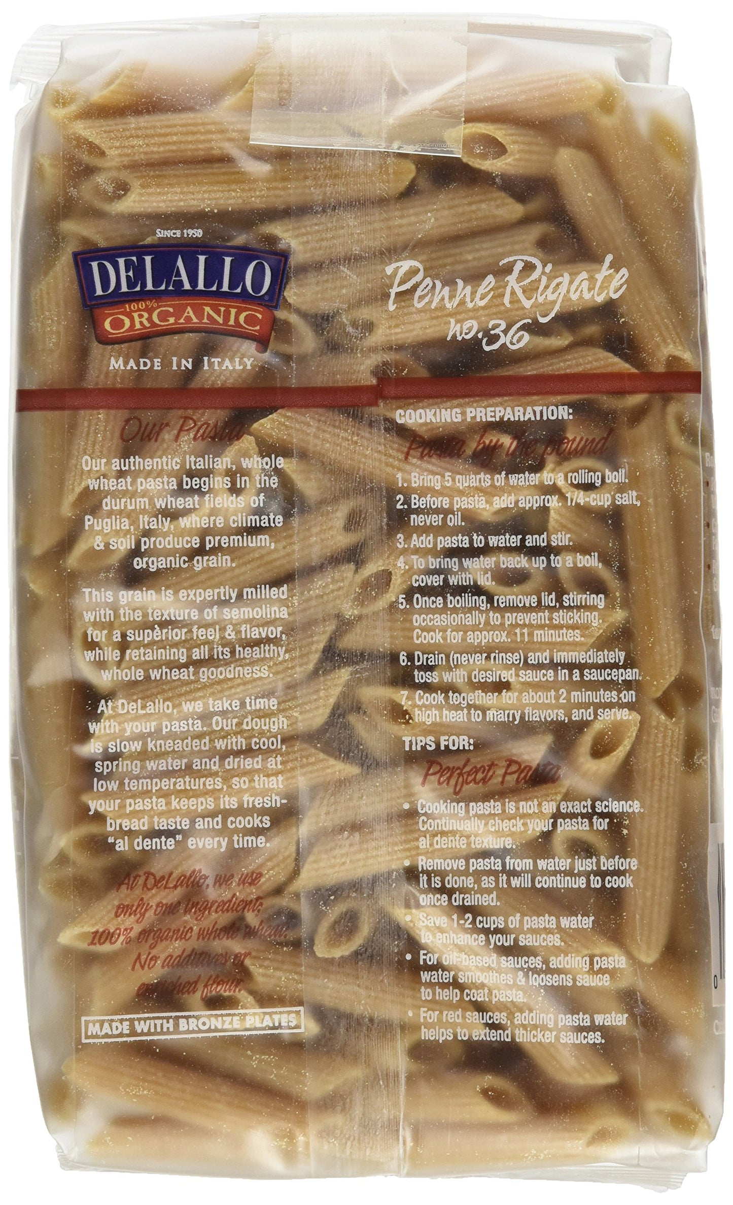 Delallo Pasta Whole Wheat Penne Rigate, 16 Oz