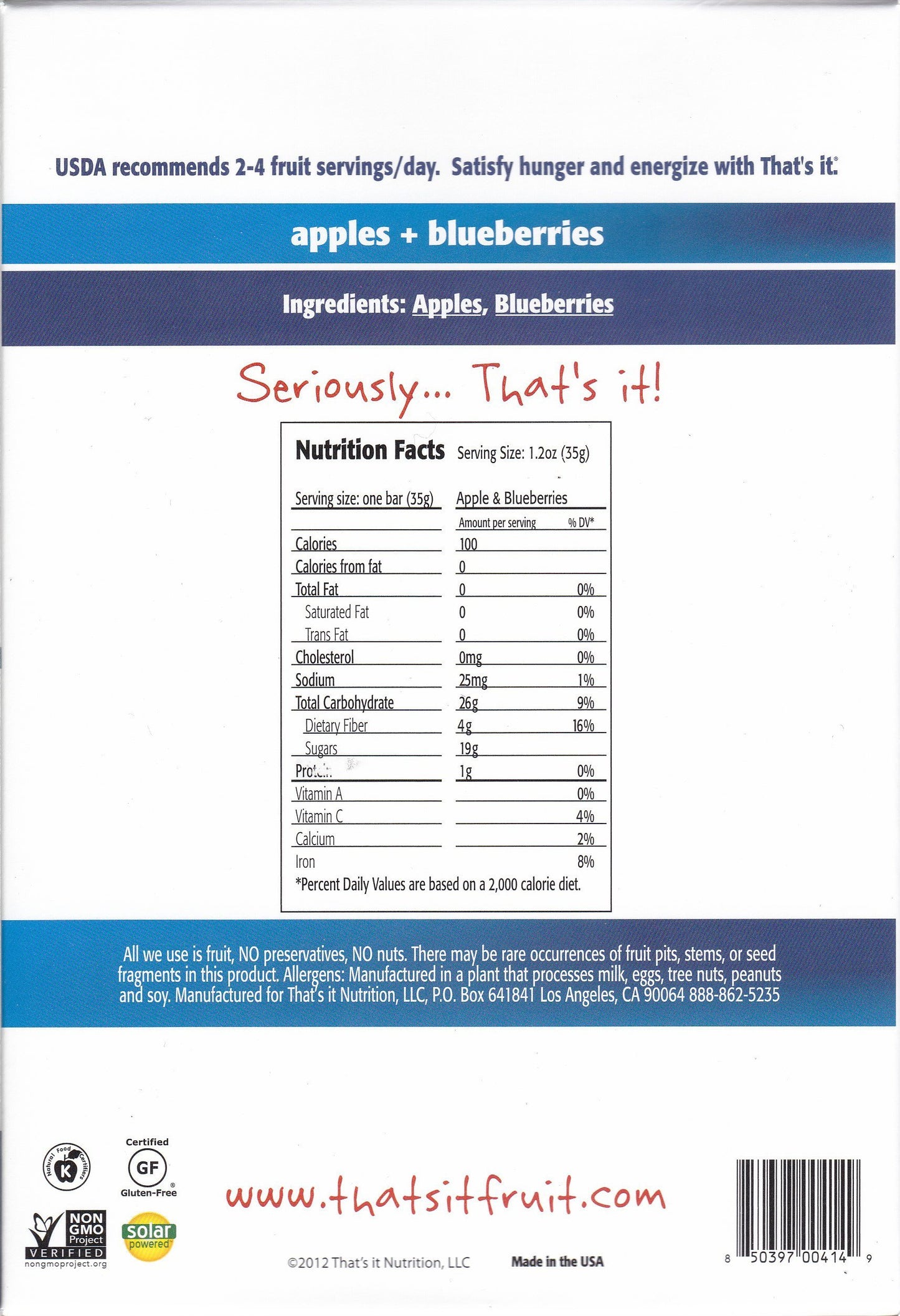 That'S It Fruit Bars, Apple And Blueberry, Pack Of 24 (2 Cases)
