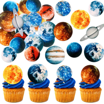 54 Pcs Edible Outer Space Cupcake Toppers Wafer Paper Solar System Galaxy Universe Planets Cupcake Picks for Drink Topper Baby S