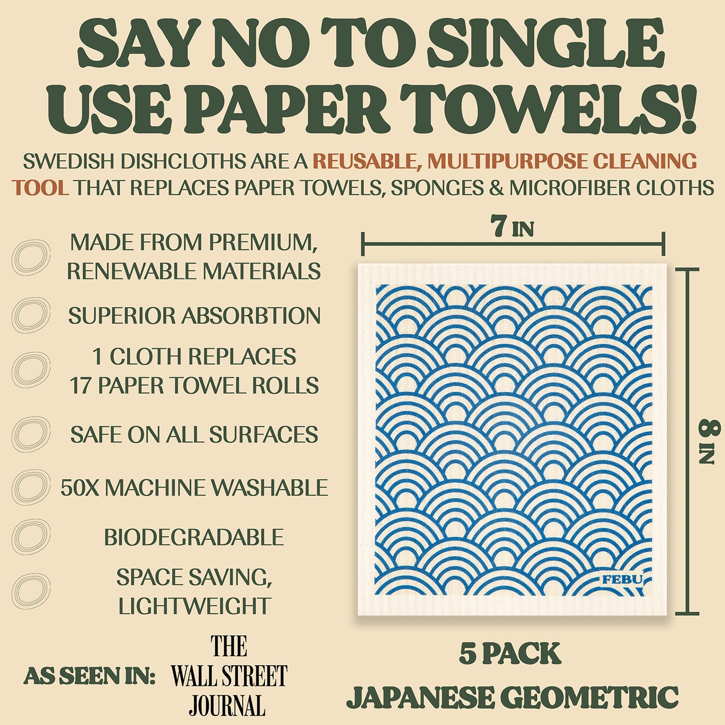 Febu Swedish Dishcloths For Kitchen  5 Pack Japanese Pattern Dish Towels  Reusable Paper Towels Washable  Non-Scratch Cellulose