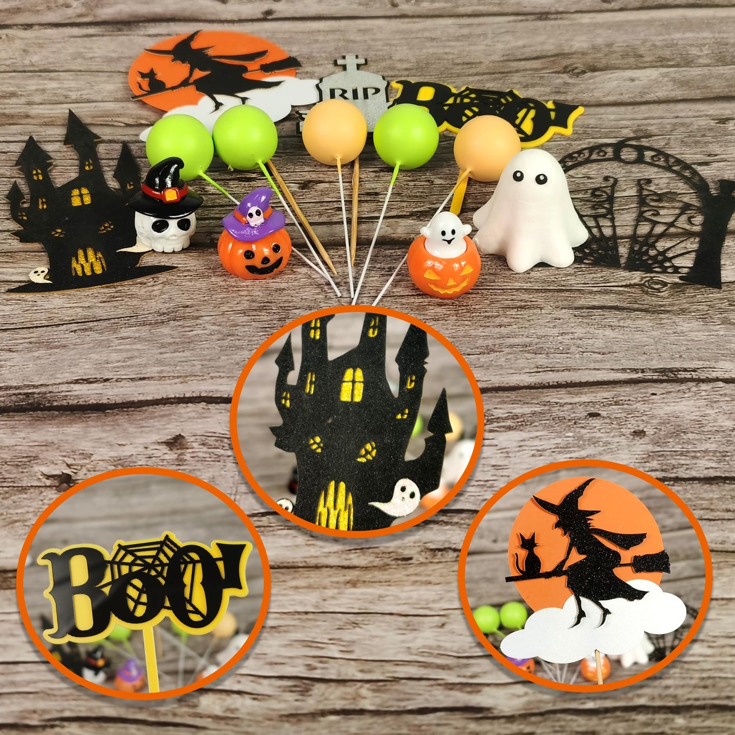 DRWATE Halloween Cake Toppers Set, Pumpkin Ghost Skull Spider Decorations, Orange Black Purple, Paper, for Trick-or-Treat Party Supplies