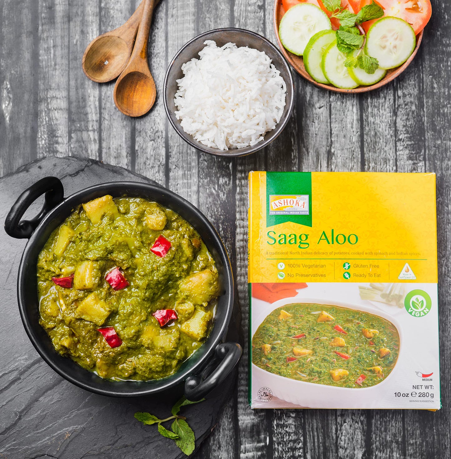 ASHOKA Vegan Spinach & Potato Saag Aloo, Gluten-Free, Kosher, Heat & Serve, 10 Ounce (Pack of 10)