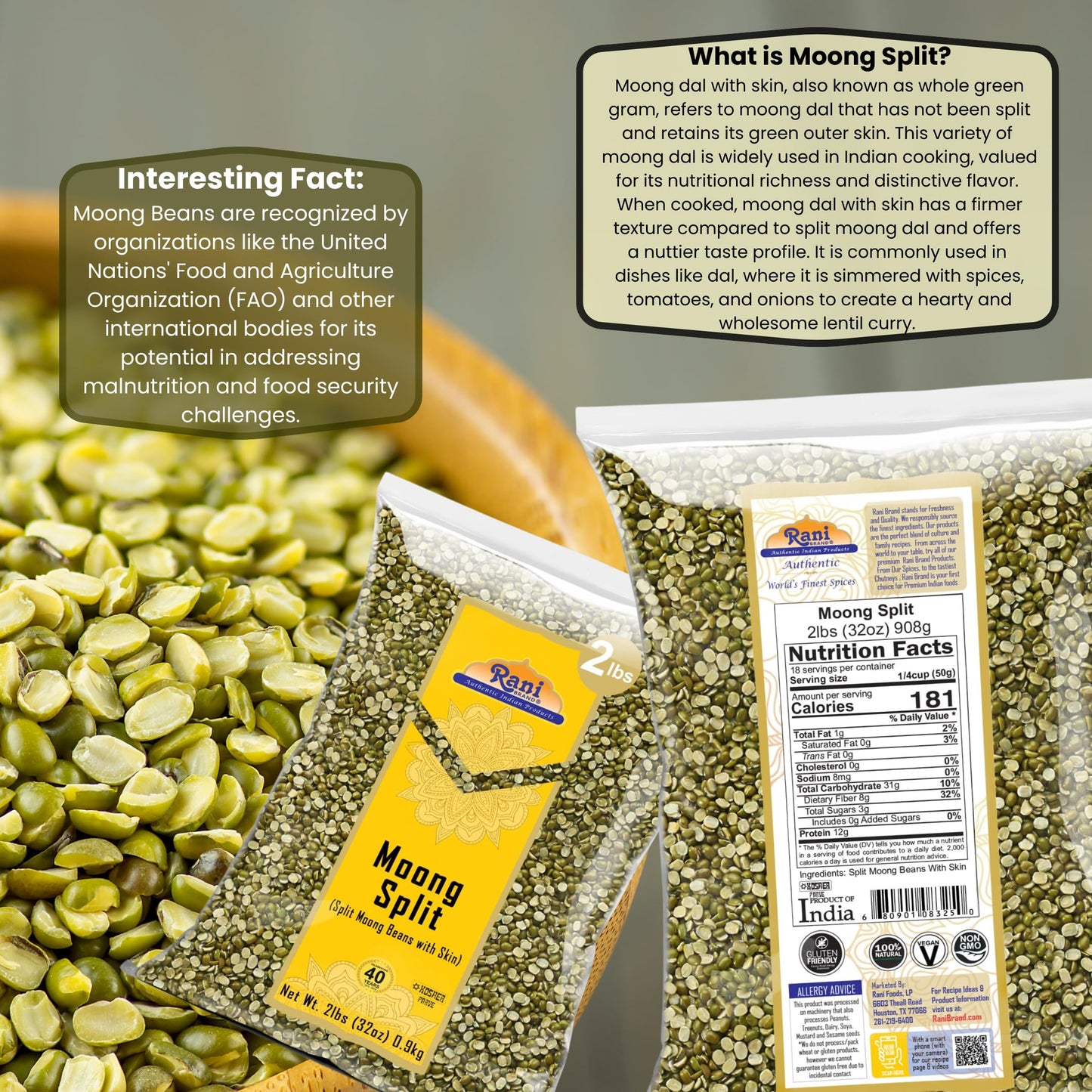 Rani Moong Split (Split Mung Beans With Skin) Lentils Indian 32Oz (2Lbs) 908G ~ All Natural | Gluten Friendly | Non-Gmo | Vegan | Indian Origin