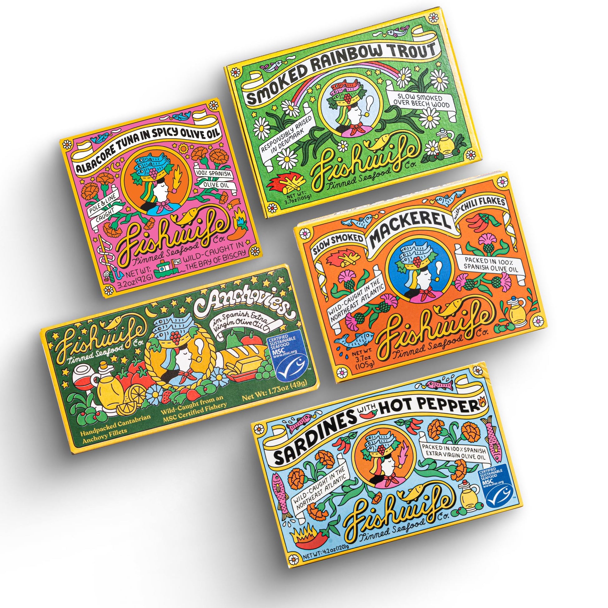 Fishwife Holiday Gift Set - 5-Pack Variety of Anchovies, Sardines, Tuna, Mackerel & Trout - 3.31 Ounce (Pack of 5) - Gluten Free,