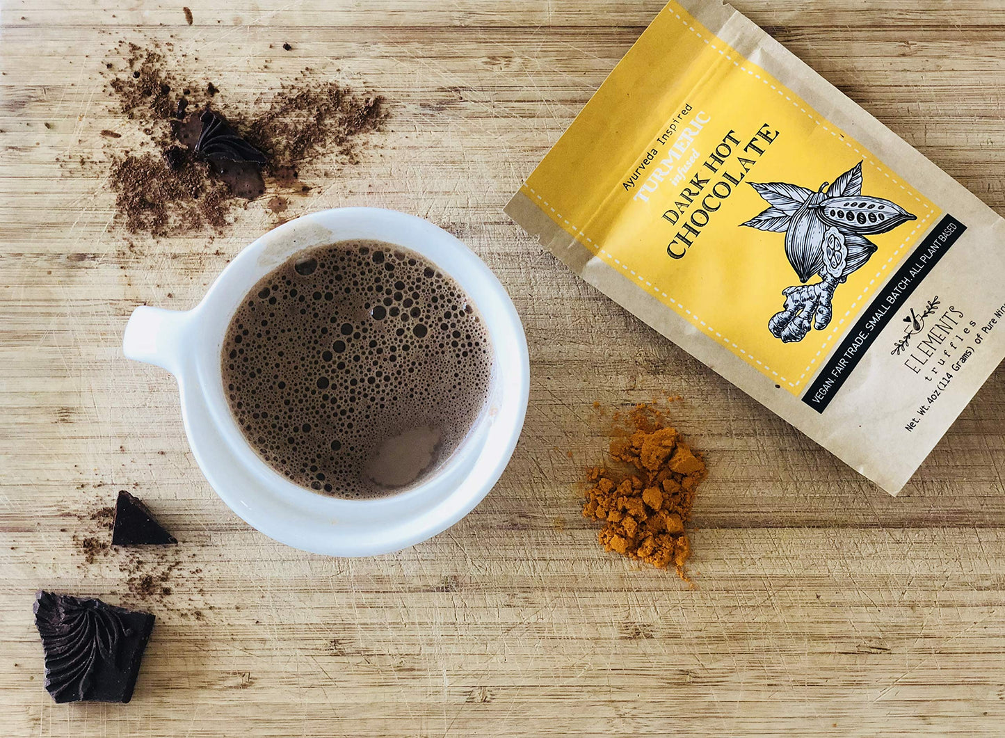 Elements Truffles Dark Hot Chocolate Mix - Vegan, All-Natural, 16 oz, Turmeric Flavor