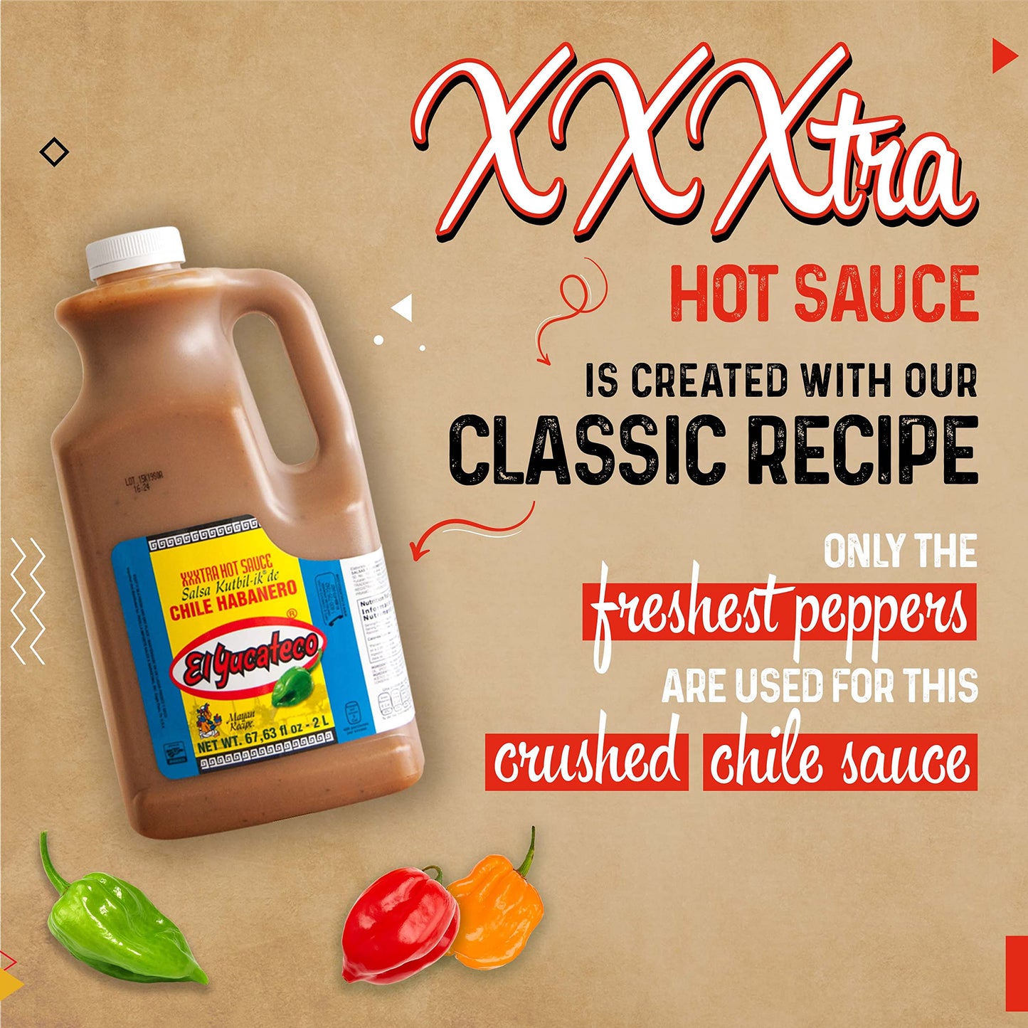 El Yucateco Xxxtra Hot Habanero Sauce, 67.63 Oz., 11,250 Average Scoville Units, Gluten Free, Sugar Free