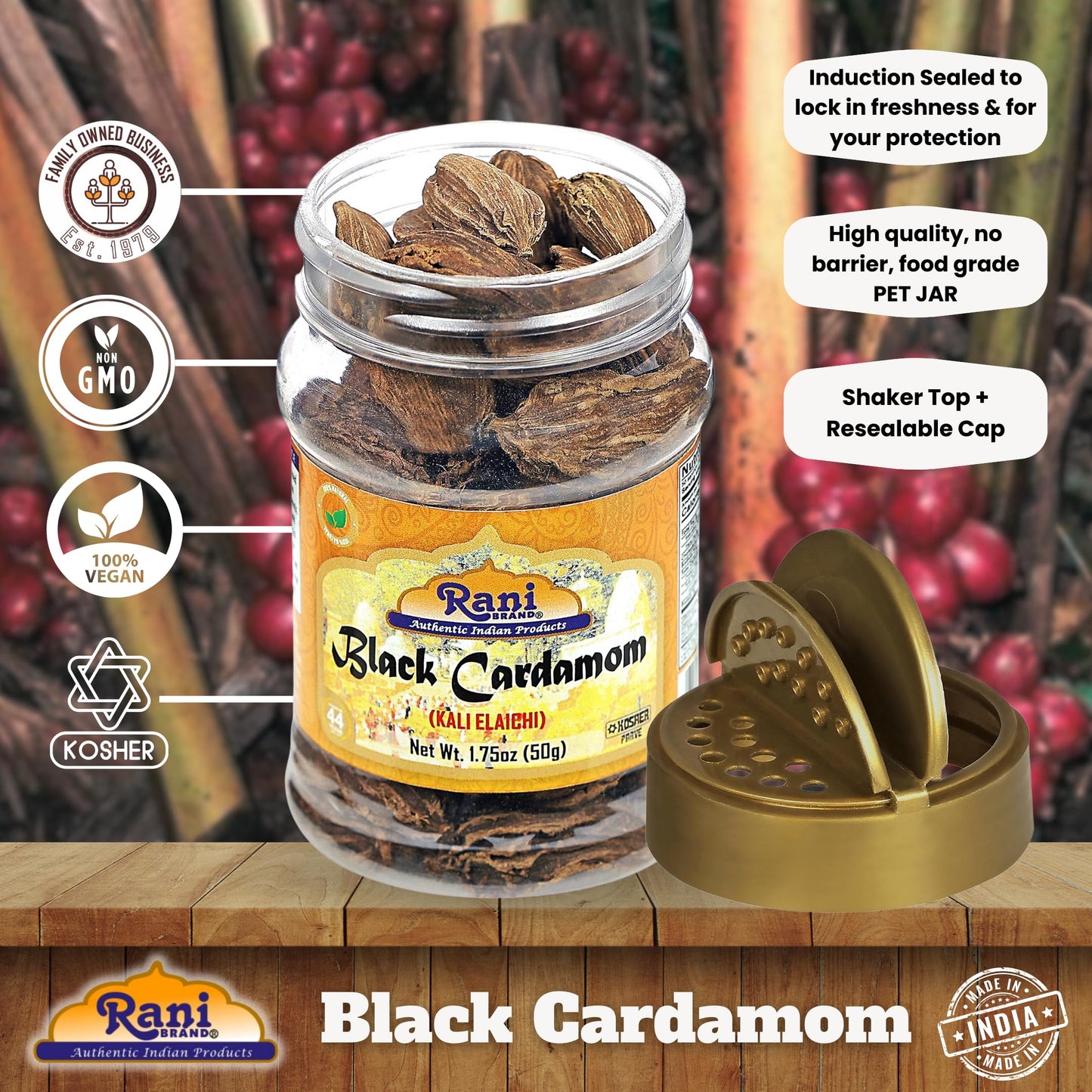 Rani Black Cardamom Pods (Kali Elachi) Whole Indian Spice 1.75Oz (50G) Pet Jar ~ All Natural | Vegan | Gluten Friendly | Non-Gmo | Indian Origin ~ Smokey | Tsaoko | Cao Guo | Bach Dan Khau | Badi