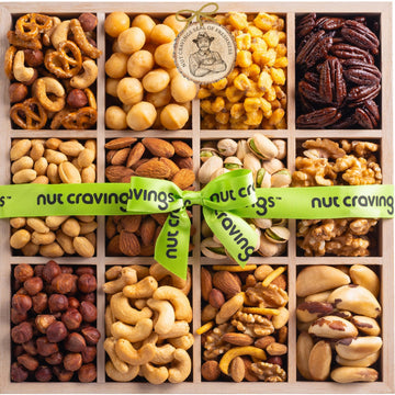 Nut Cravings Mixed Nuts Gift Basket - 12 Assortments in Reusable Wooden Tray with Green Ribbon, Assorted Nuts - Perfect for Purim and Birthdays