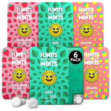 Flintts Mints 2x After Party Pack - Mint (2), Strawberry Magic (2), Lemon(2) - Sugar Free & Vegan, Mouth Watering Mints for Oral