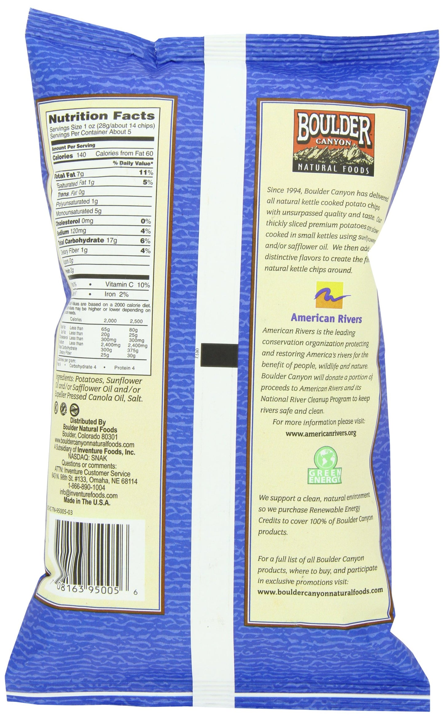 Boulder Canyon Totally Natural Kettle Cooked Potato Chips Gluten Free, 5-Ounce Bags (Case Of 12)