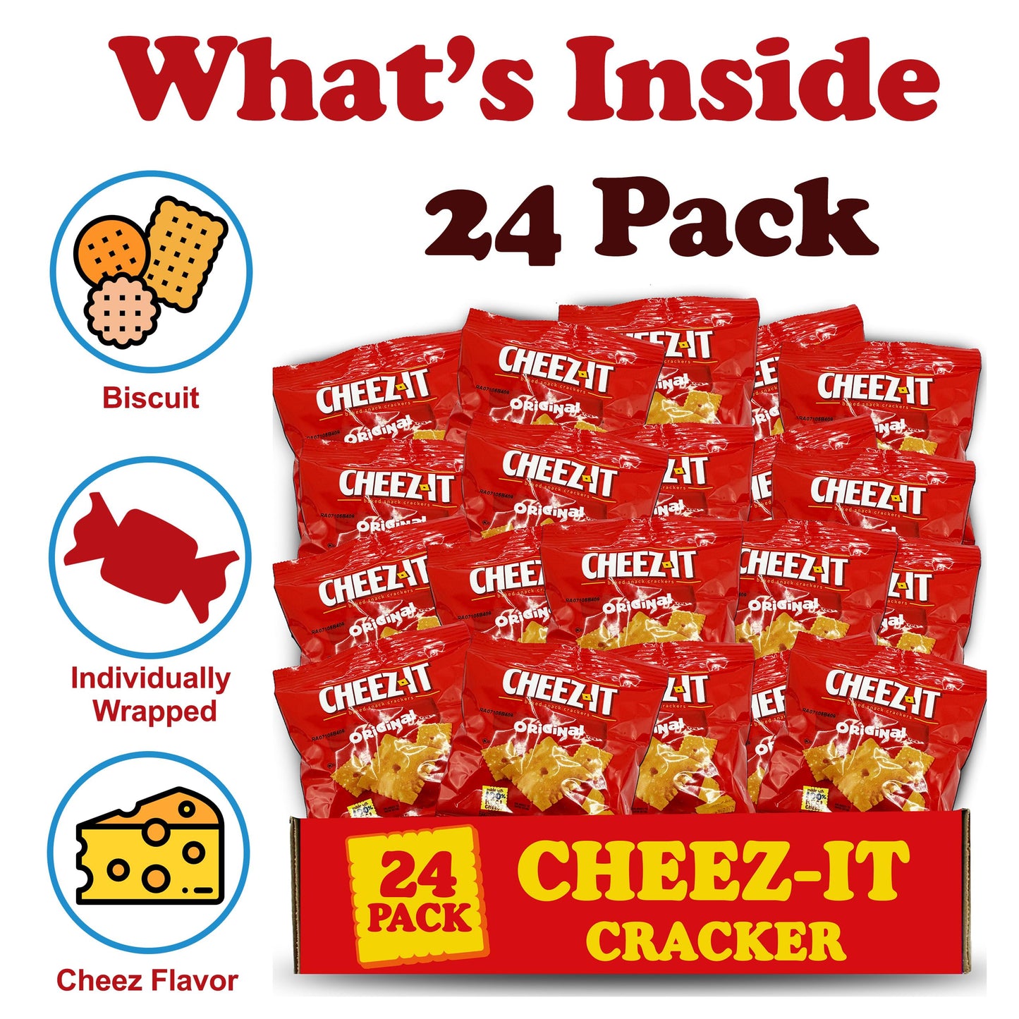 Cheeze-It Cheese Crackers Snacks, 24 Pack Original Baked Snack Crackers, Made with Real Cheese, Lunch Snack Crackers Mini Packs,