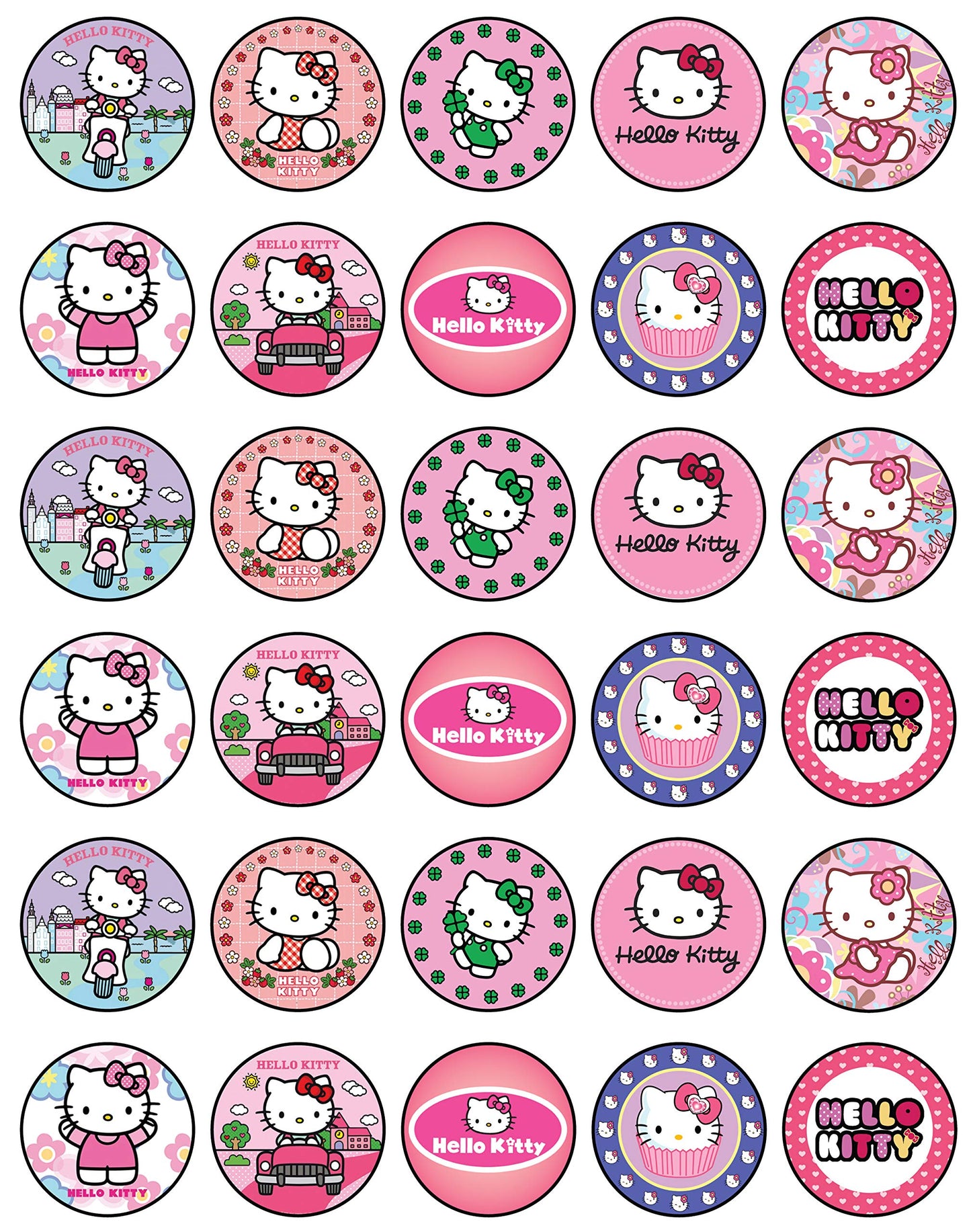 30 X Edible Cupcake Toppers Themed Of Hello Kitty Party Collection Of Edible Cake Decorations | Uncut Edible On Wafer Sheet